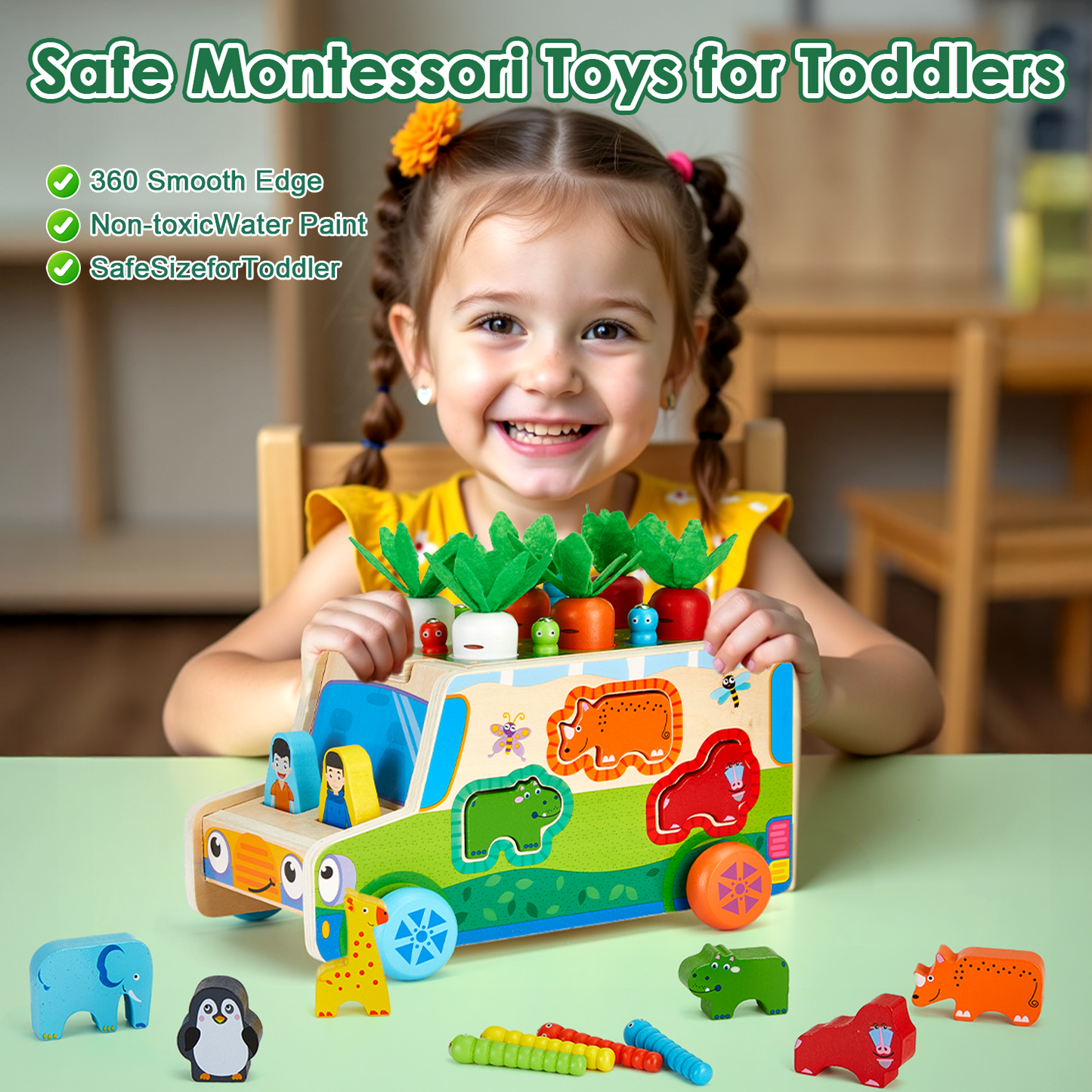 Petbank Montessori Toys, Wooden Montessori Shape Sorting Toys for Toddlers, with Carrot, Worm, Farm Animals Blocks and Traction Rope, Carrot Harvest Game Gift for Kids Ages 1-3