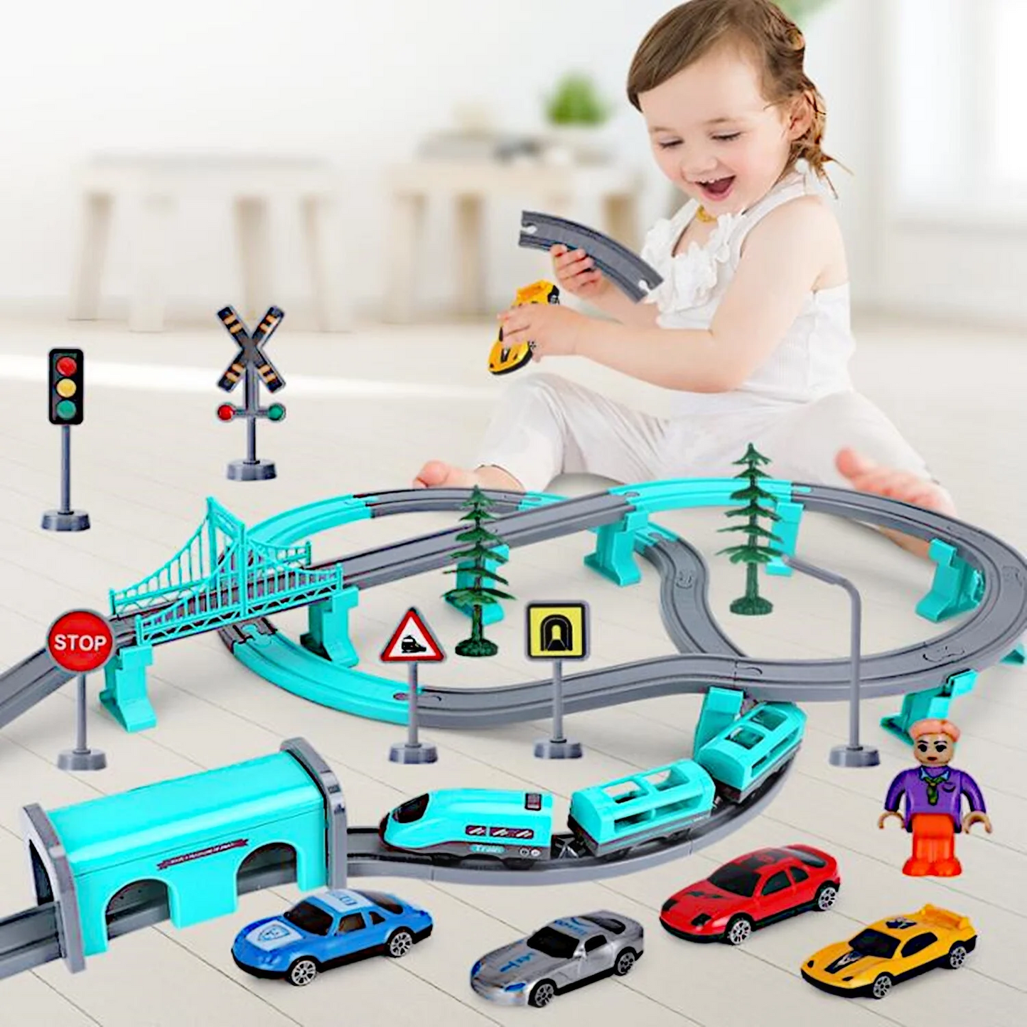 Anpro Kids Train Track Toy Set, 92pcs Electric Train Toys with Cars for 3+ Year Old Toddlers Boys Girls - City Themed, Blue