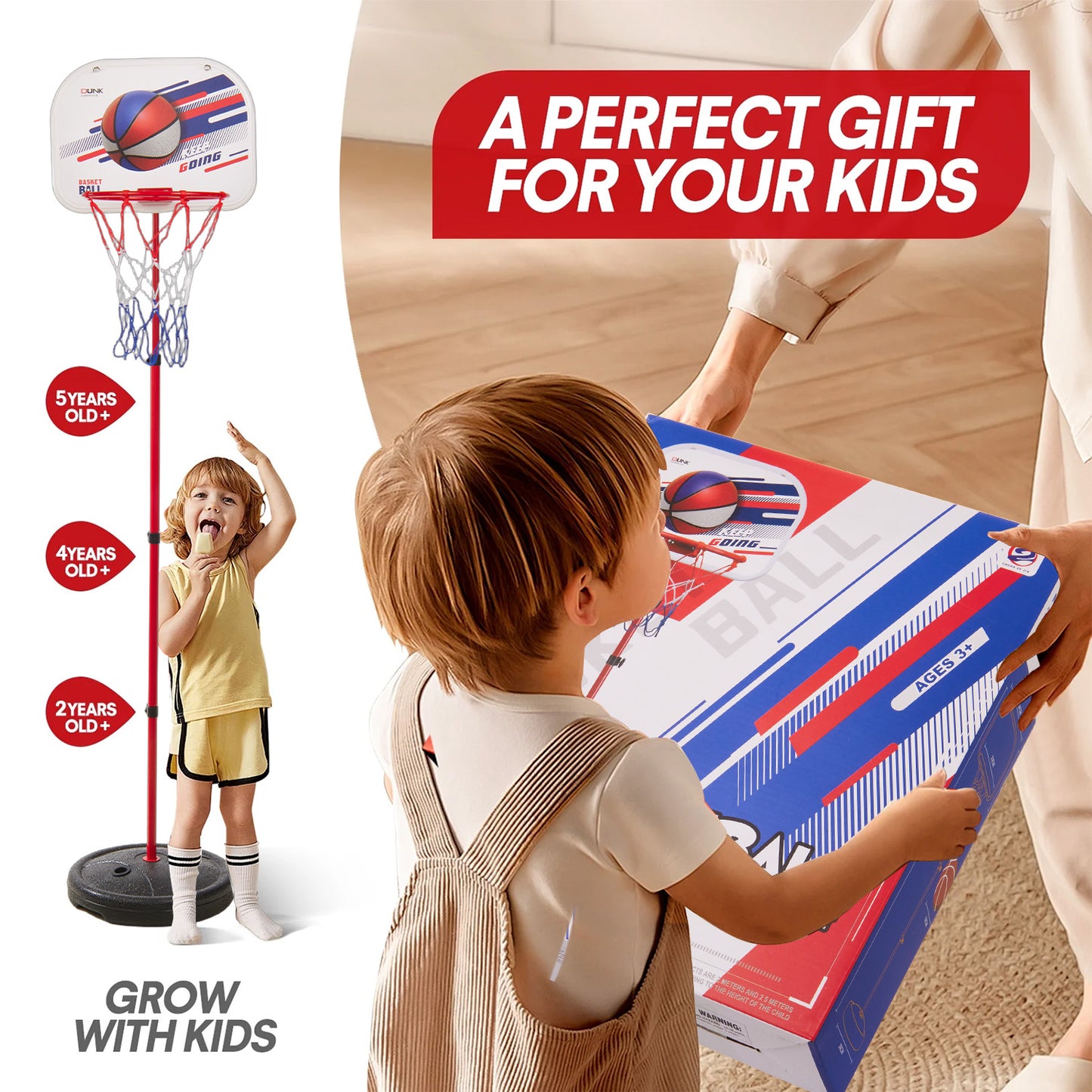 Anpro Kids Basketball Hoop with Stand, Adjustable Height 1.9FT-4.9FT, Toddler Basketball Hoop, Indoor Outdoor Mini Portable Basketball Goal Toys for Boys Girls Gift