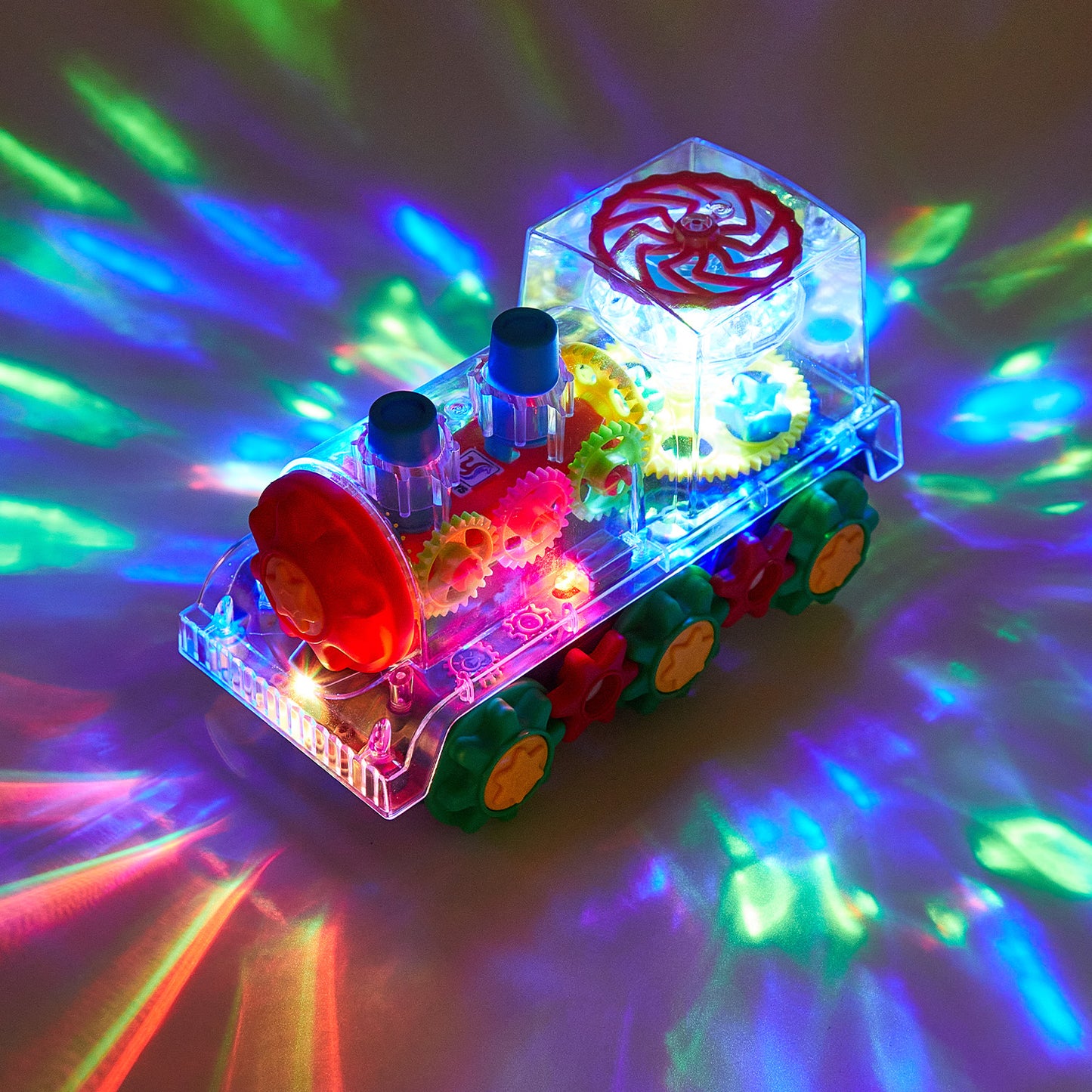 Anpro Gear Train Toy for Kids, Transparent Electric Rotating Mechanical Train Toy with Music, Flashing Light and 360 Rotation, Educational Gear Toy for Boys Girls 3+