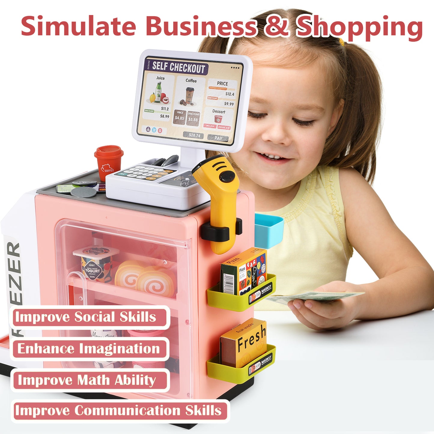 Anpro 47PCS Cash Register Playset for Kids, Pretend Play Cash Register with Calculator, Scanners, Coffee Machine, Credit Cards and Play Food for Boys Girls Age 3+, Pink