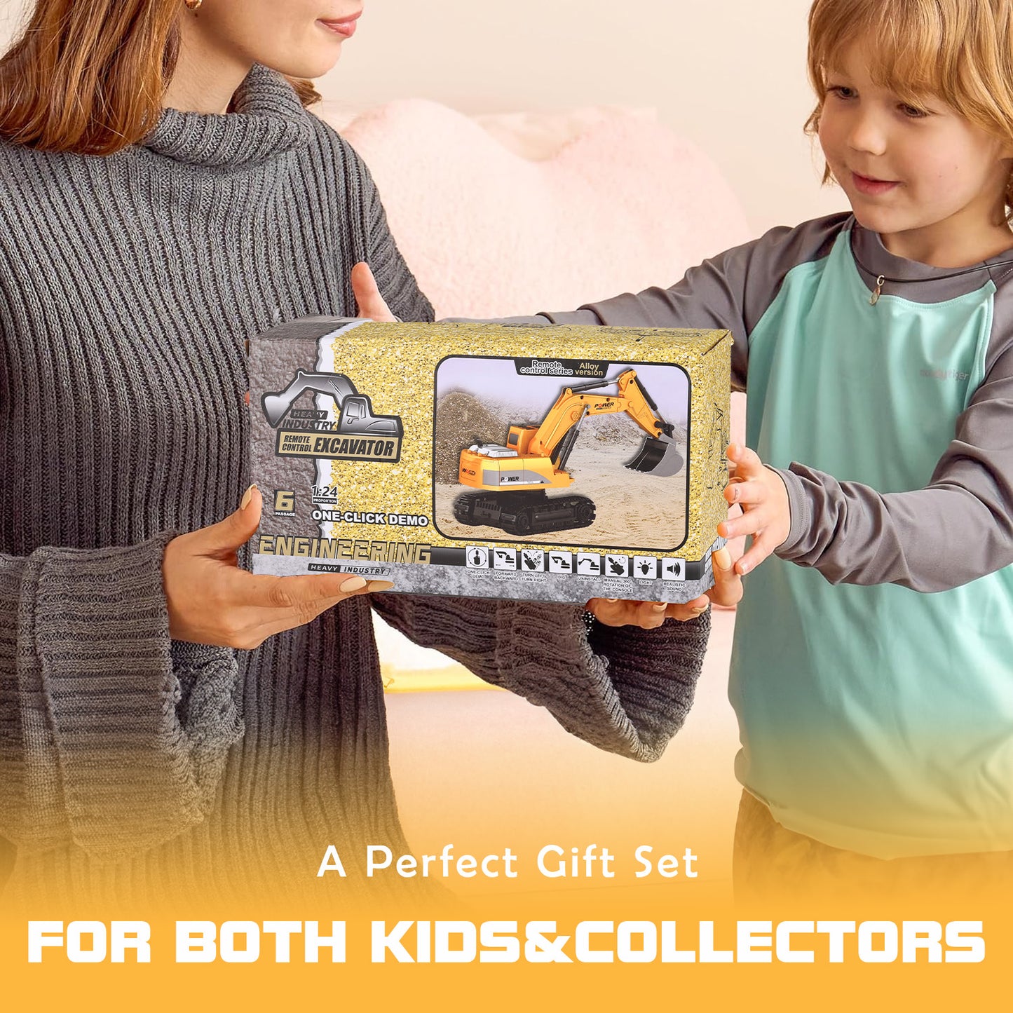 Gemeer Remote Control Excavator for Kids, 6 Channel Rechargeable RC Truck Excavator Construction Vehicle, Navvy Toys with Metal Shovel Lights Sounds for Boys Girls Gifts