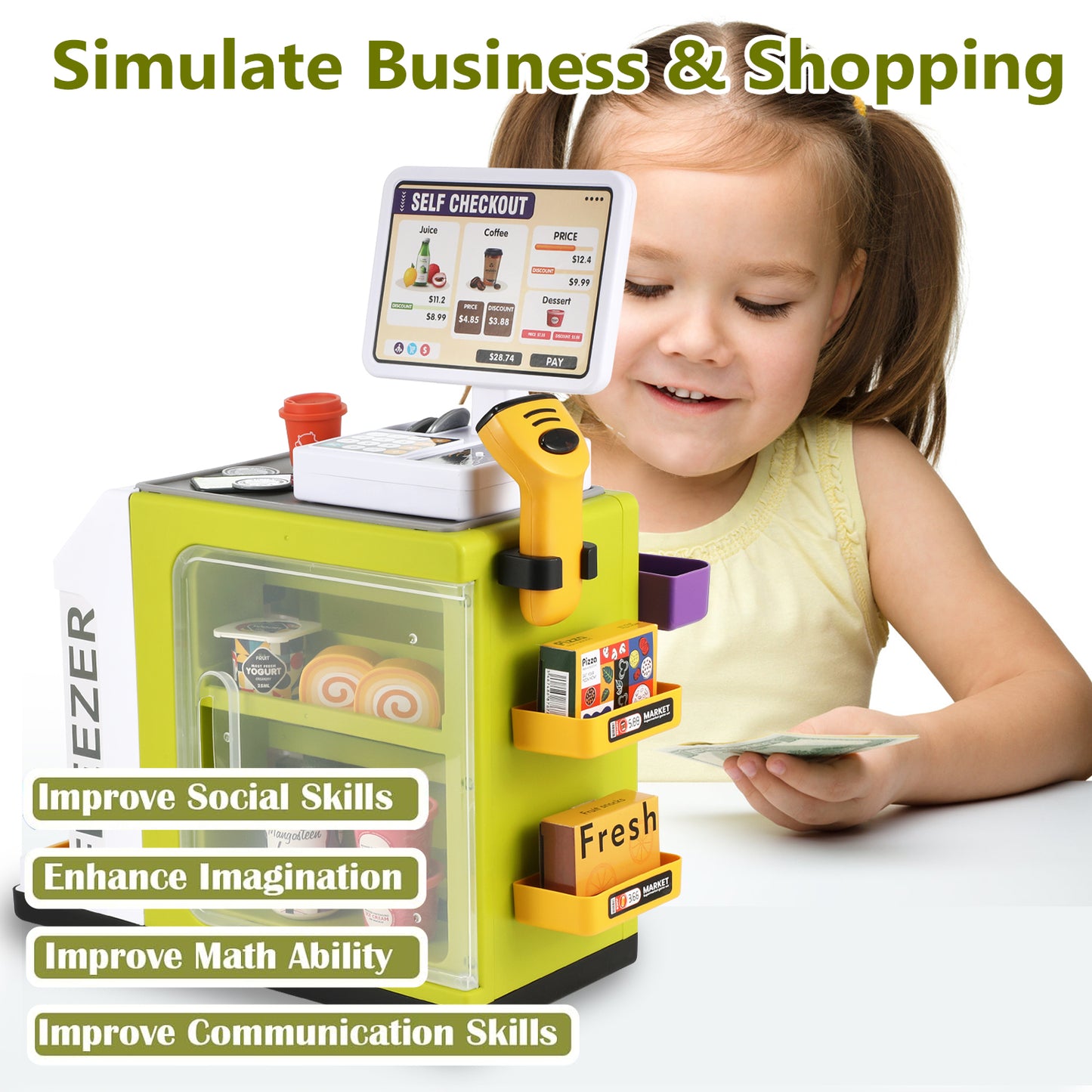Anpro 47PCS Cash Register Playset for Kids, Pretend Play Cash Register with Calculator, Scanners, Coffee Machine, Credit Cards and Play Food for Boys Girls Age 3+, Green