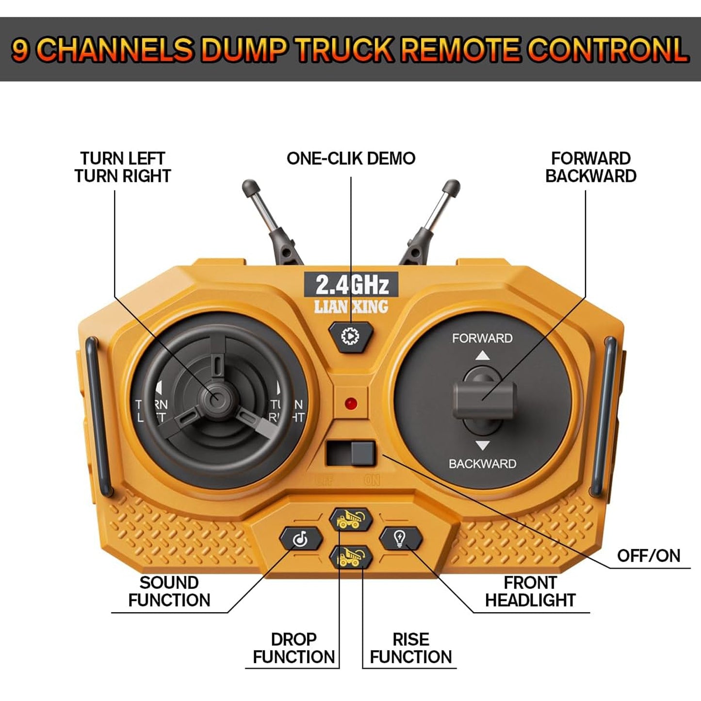 Remote Control Dump Truck, 1:20 Scale RC Construction Vehicles Toy with Metal Bed and Light/Music, 9 Channels Electric Truck Toy Gift for Boys Kids