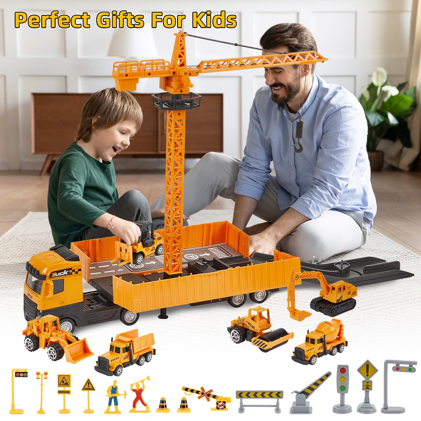 Lictin Construction Vehicles Toys Playset, Alloy Construction Truck with 6 Cars, Crane, Excavator, Tractor, Dump Truck, Forklift, Road Roller, Gift for 3-5 Year Toddlers Boys
