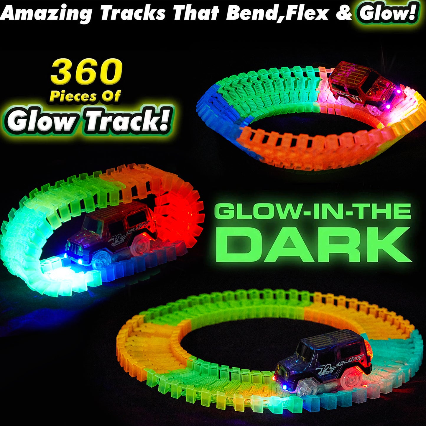 Zacro Glow Race Car Track Set for Kids, 360pcs Race Track Set with Light Up Race Cars STEM Building Toys Flexible Track Playset for Boy Girls 3 4 5 6 7 8 Years Old