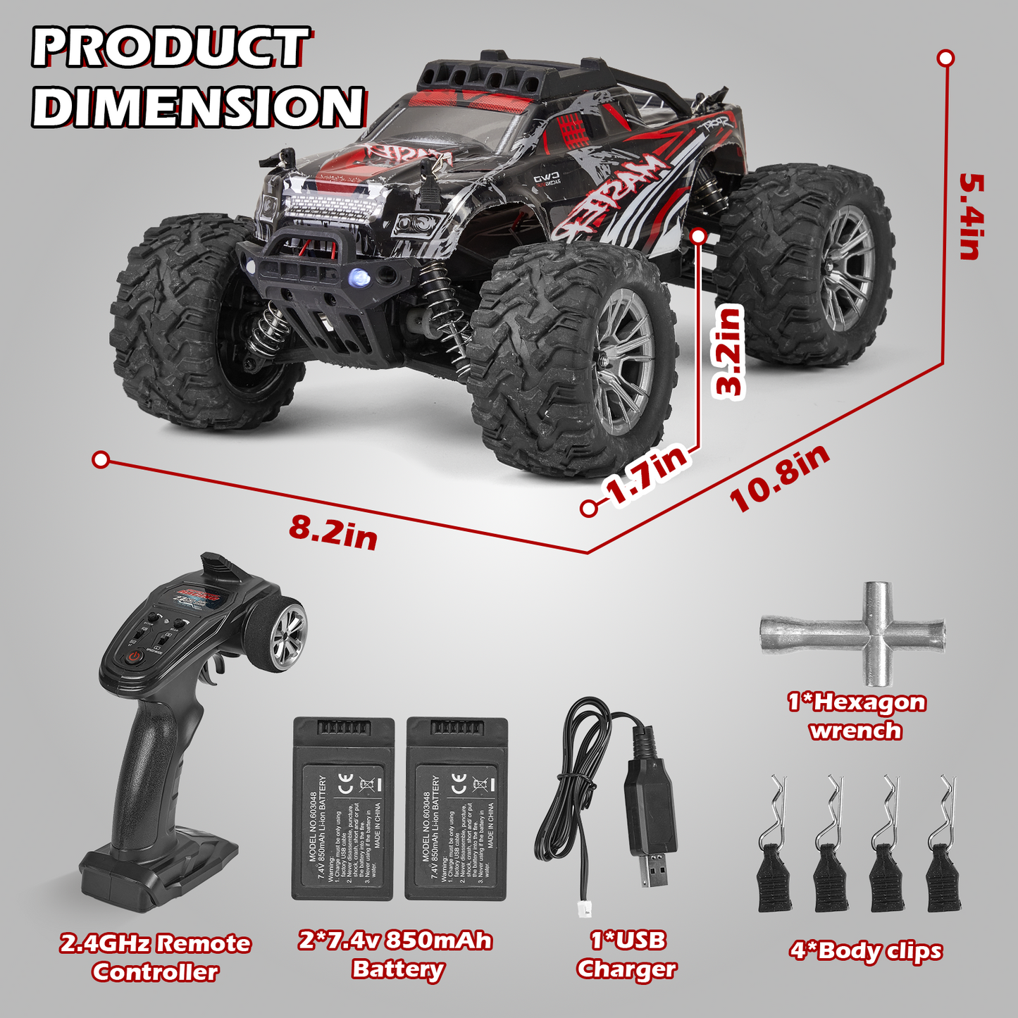 Anpro High Speed Remote Control Car, 16 Scale 40+KMH RC Monster Truck with Lights, 4WD All Terrain Off-Road Truck, 2 Batteries, Electric Vehicle Hobby Toy Gifts for Kids and Adults
