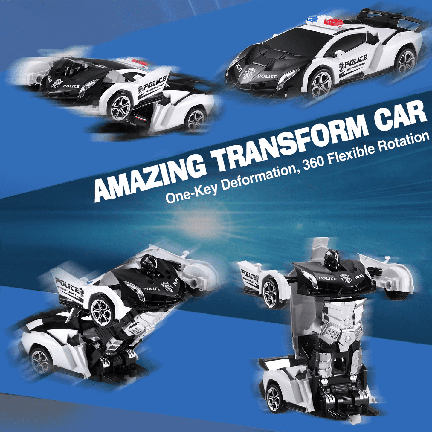 Petbank RC Transform Car Toy, 2.4Ghz Remote Control Transform Car Robot Toy, 1:18 Scale One-Button Deformation Race Car Toys for Boys Girls Ages 4-12, White