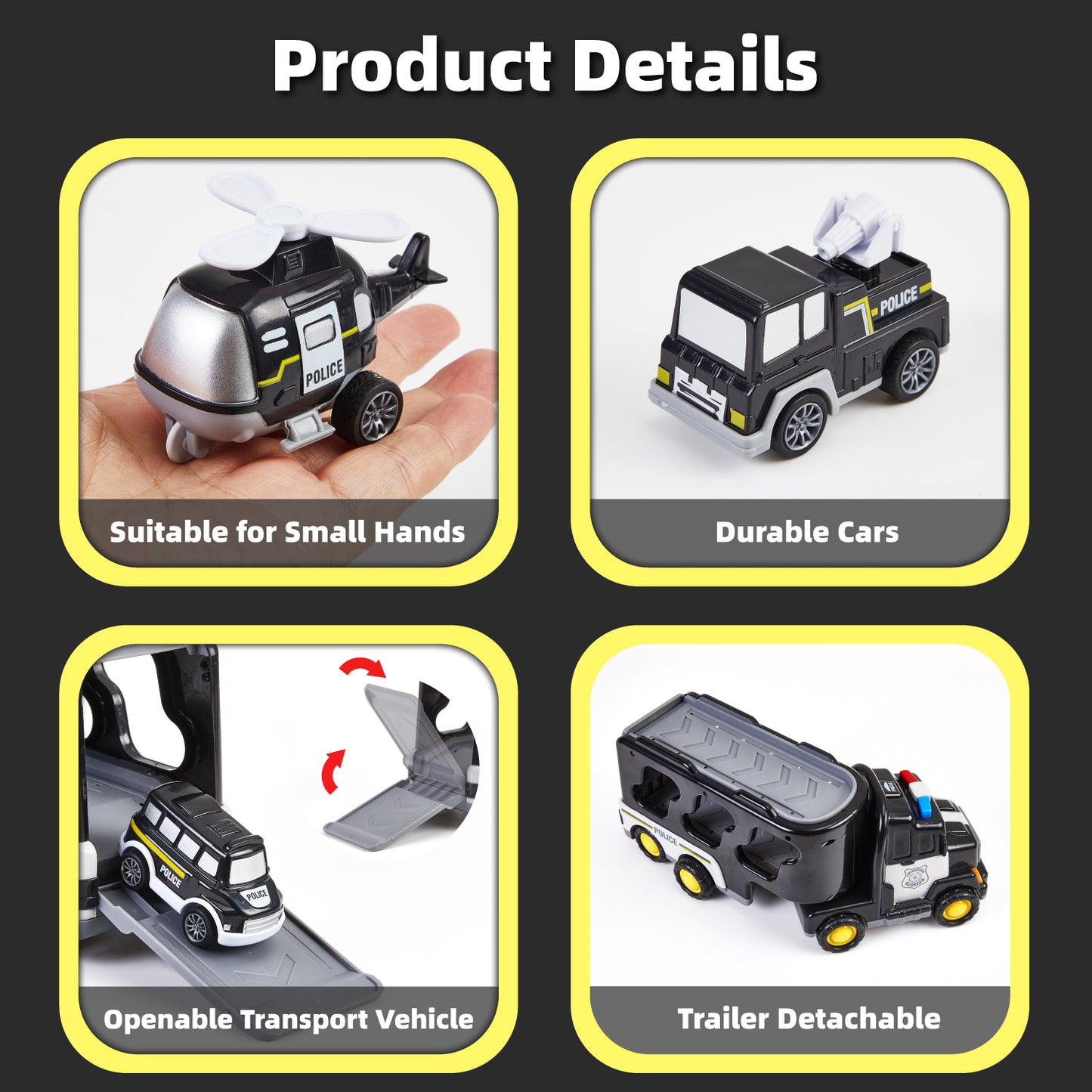 Petbank Carrier Vehicle Toy Set, 6 in 1 Police Truck Toy with 4 Small Cars and 1 Helicopter, Toddler Firction Powered Police Car for Age 3+, Car Trucks Playset for Boys and Girls, Black