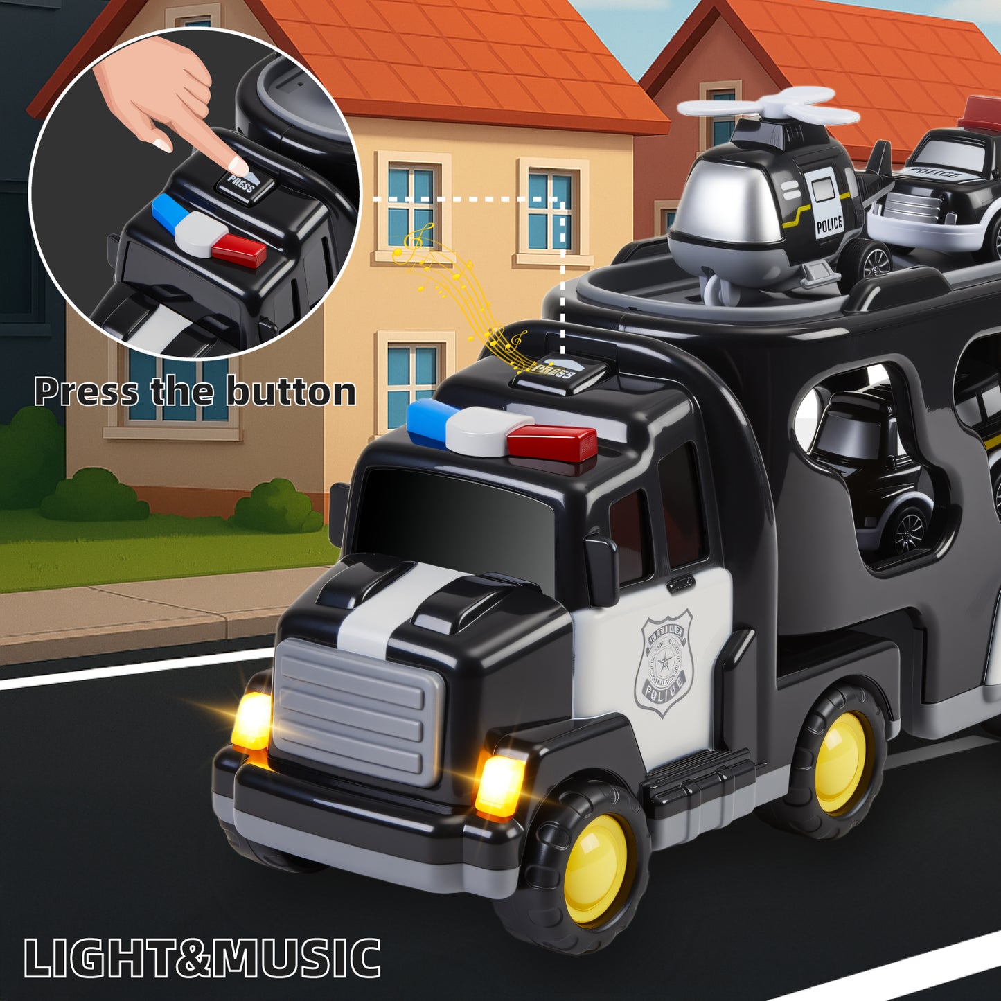 Petbank Carrier Vehicle Toy Set, 6 in 1 Police Truck Toy with 4 Small Cars and 1 Helicopter, Toddler Firction Powered Police Car for Age 3+, Car Trucks Playset for Boys and Girls, Black