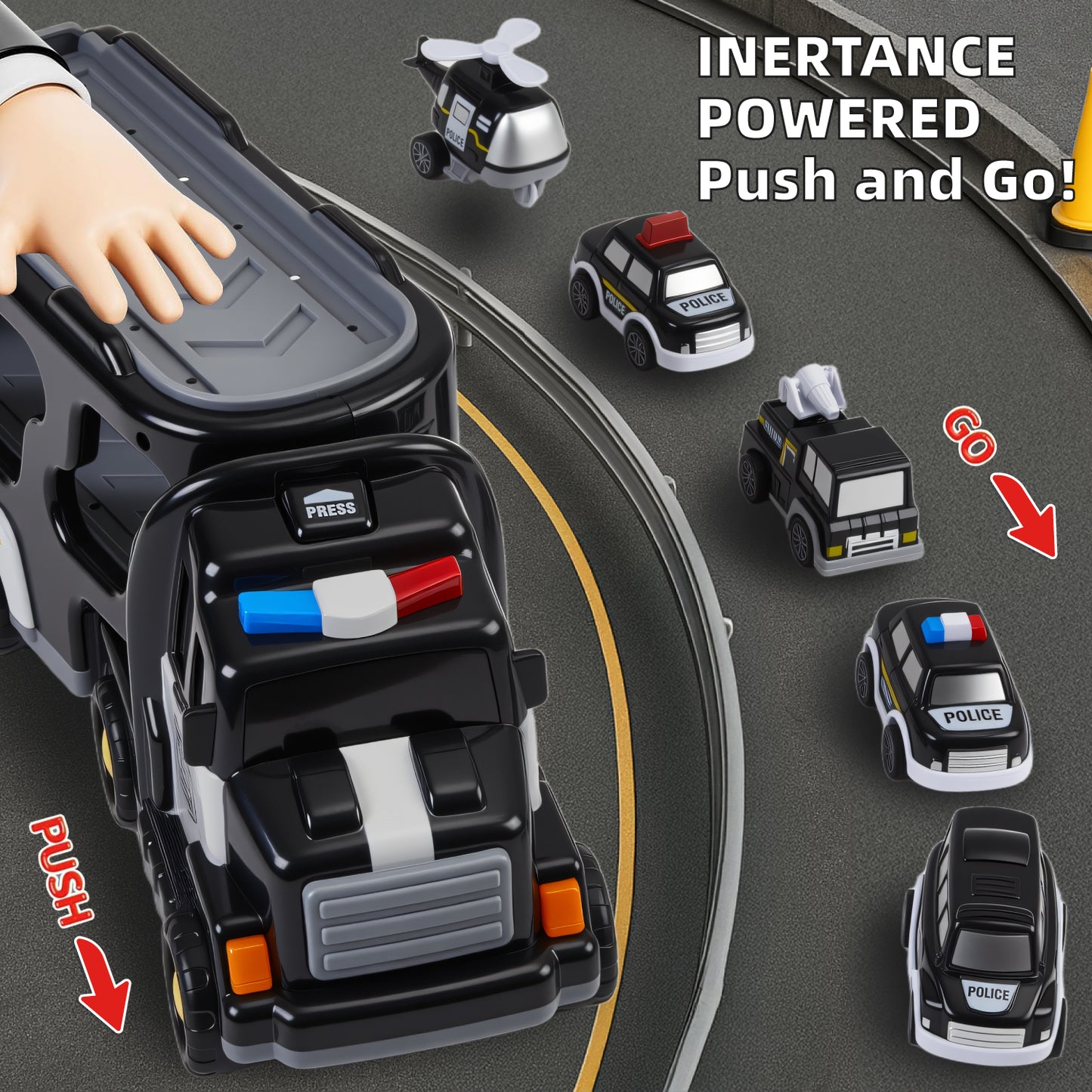 Petbank Carrier Vehicle Toy Set, 6 in 1 Police Truck Toy with 4 Small Cars and 1 Helicopter, Toddler Firction Powered Police Car for Age 3+, Car Trucks Playset for Boys and Girls, Black