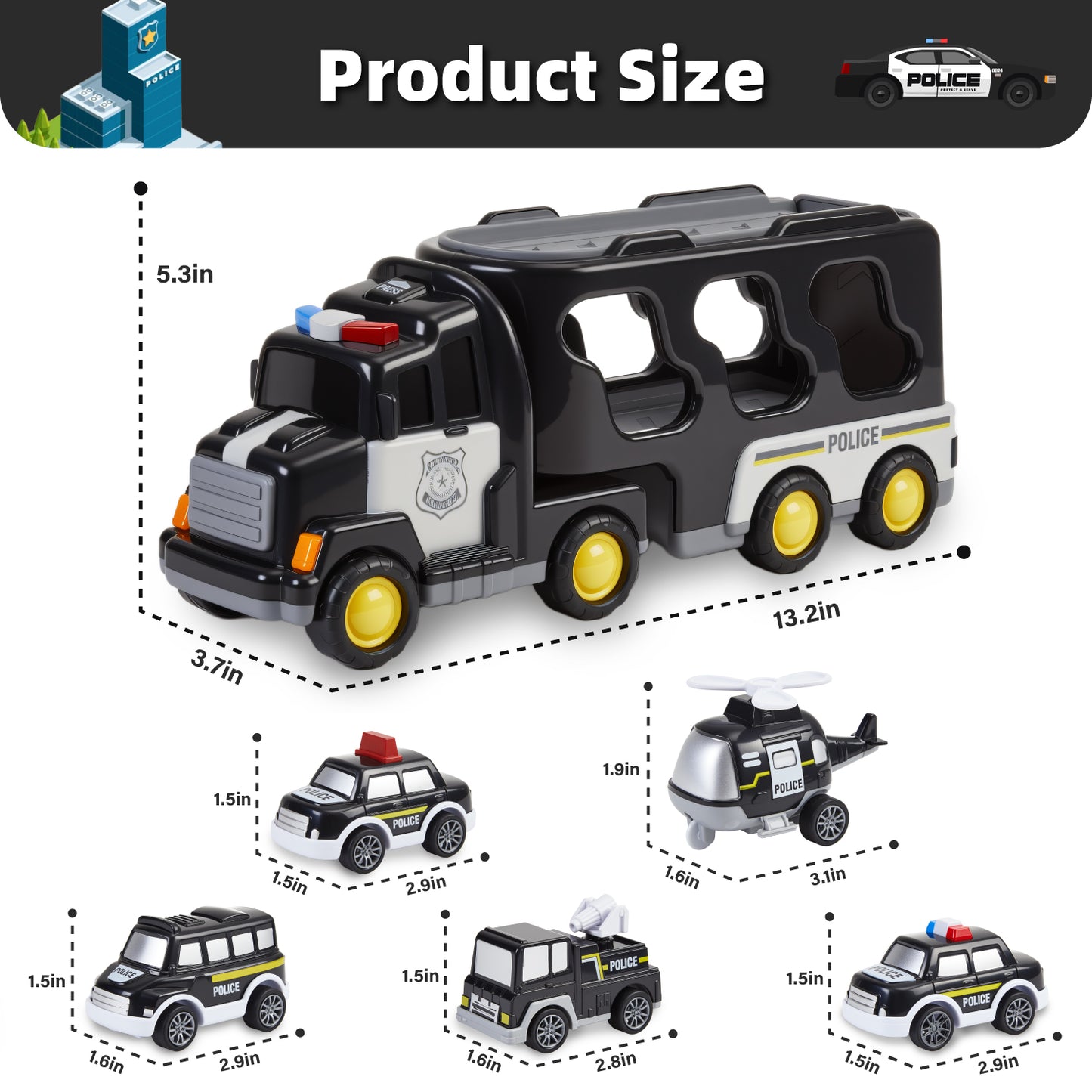 Petbank Carrier Vehicle Toy Set, 6 in 1 Police Truck Toy with 4 Small Cars and 1 Helicopter, Toddler Firction Powered Police Car for Age 3+, Car Trucks Playset for Boys and Girls, Black