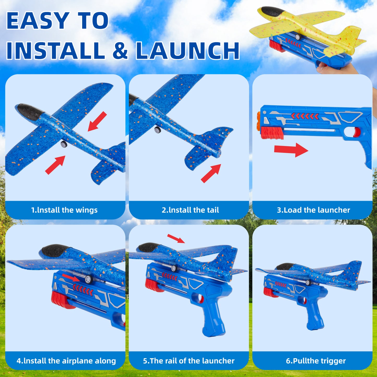 Zacro 3 Pack Airplane Launcher Toys, Foam Glider Catapult Airplane Toy for Boys Girls 4-12 Year Old, Outdoor Flying Toys Gifts, Red, Yellow, Blue