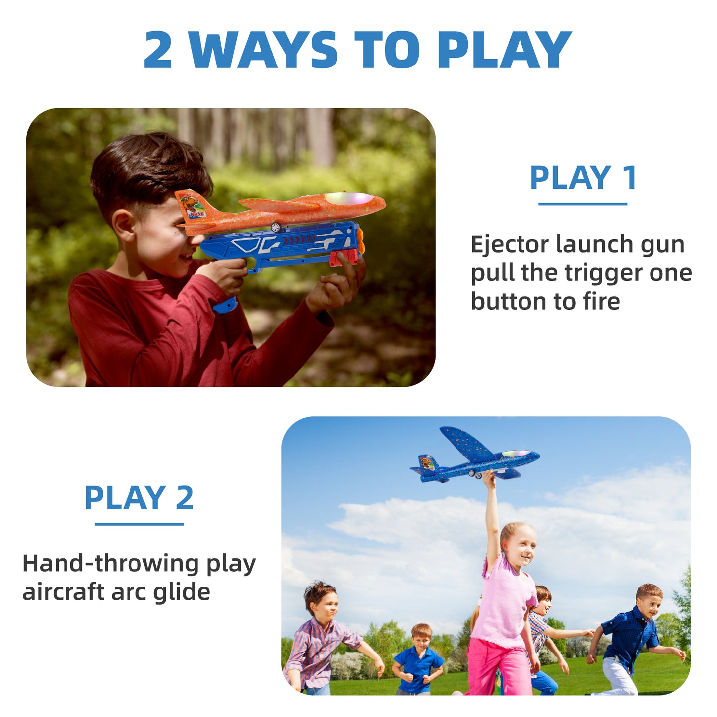 Petbank Airplane Launcher Toys, 3 Pack Flying Airplane Toys with Launcher, LED Light Foam Flying Glider Plane with Sticker, Outdoor Plane Toys for Boy Girl 3+