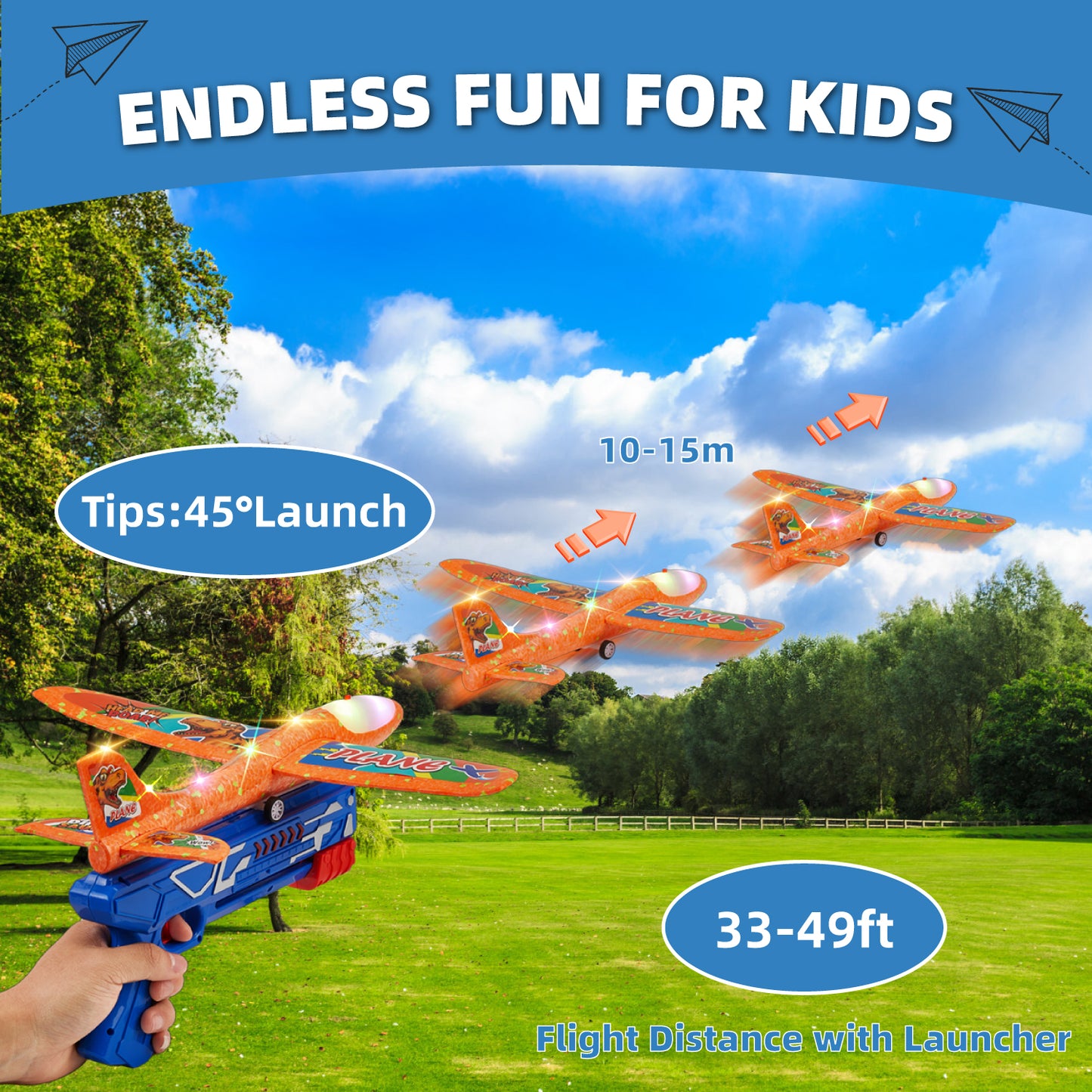 Petbank Airplane Launcher Toys, 3 Pack Flying Airplane Toys with Launcher, LED Light Foam Flying Glider Plane with Sticker, Outdoor Plane Toys for Boy Girl 3+