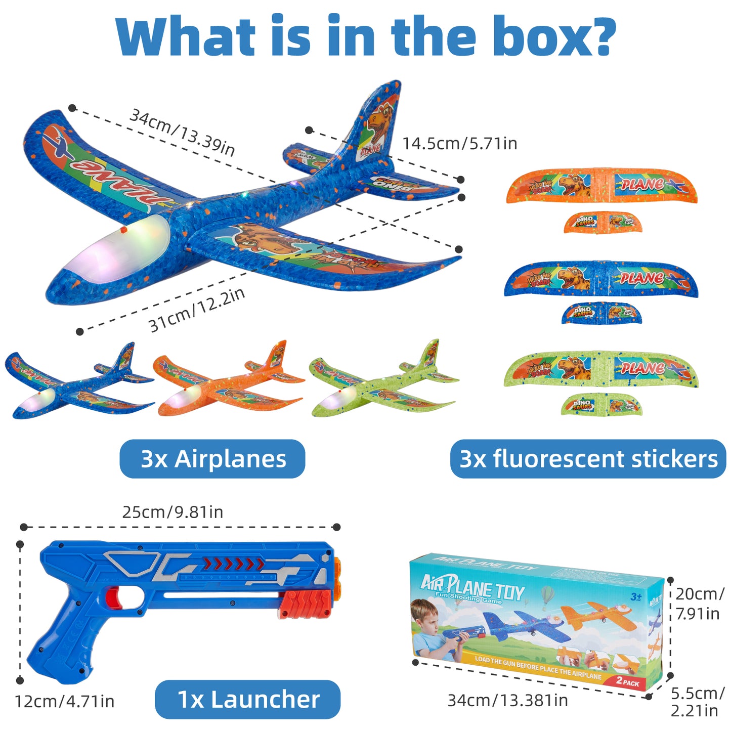 Petbank Airplane Launcher Toys, 3 Pack Flying Airplane Toys with Launcher, LED Light Foam Flying Glider Plane with Sticker, Outdoor Plane Toys for Boy Girl 3+