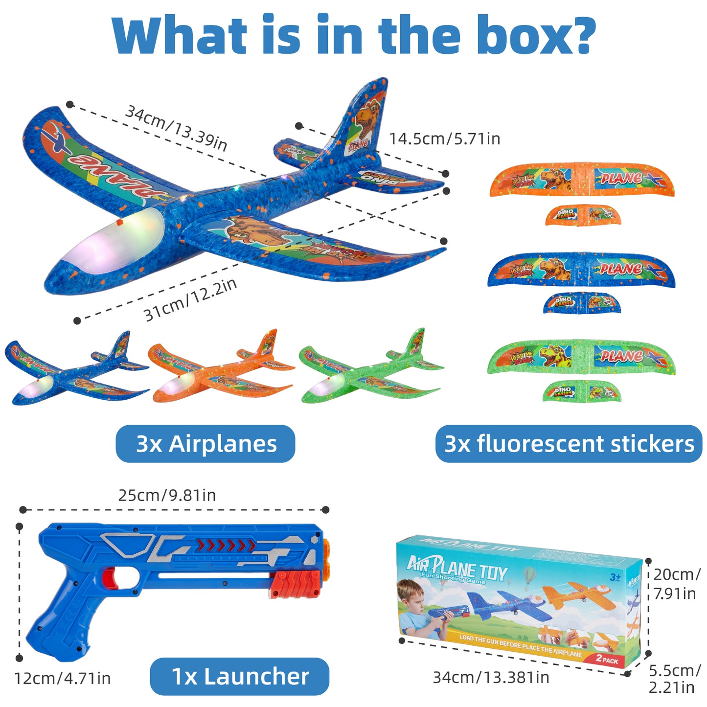 Zacro Airplane Launcher Toys, 3 Pack Foam Glider Catapult Plane Toy with LED Light & Stickers, Outdoor Flying Toys for Boys Girls 3 4 5 6 7 8 Year Old