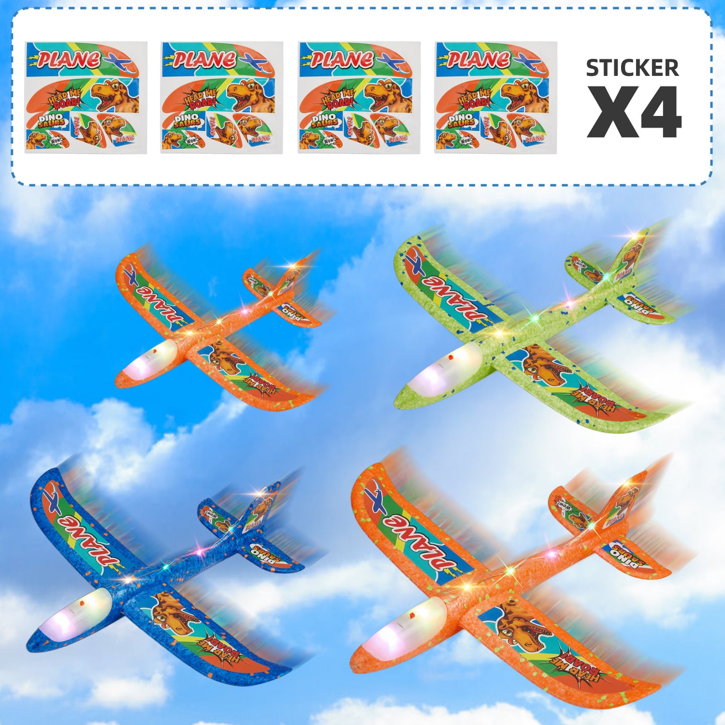 Anpro 4 Pack Airplane Launcher Toy for Kids, Foam Glider LED Light Airplane with 3 Dinosaur Stickers, 2 Flight Modes, Outdoor Flying Toys Gifts for 4+ Year Old Boys Girls
