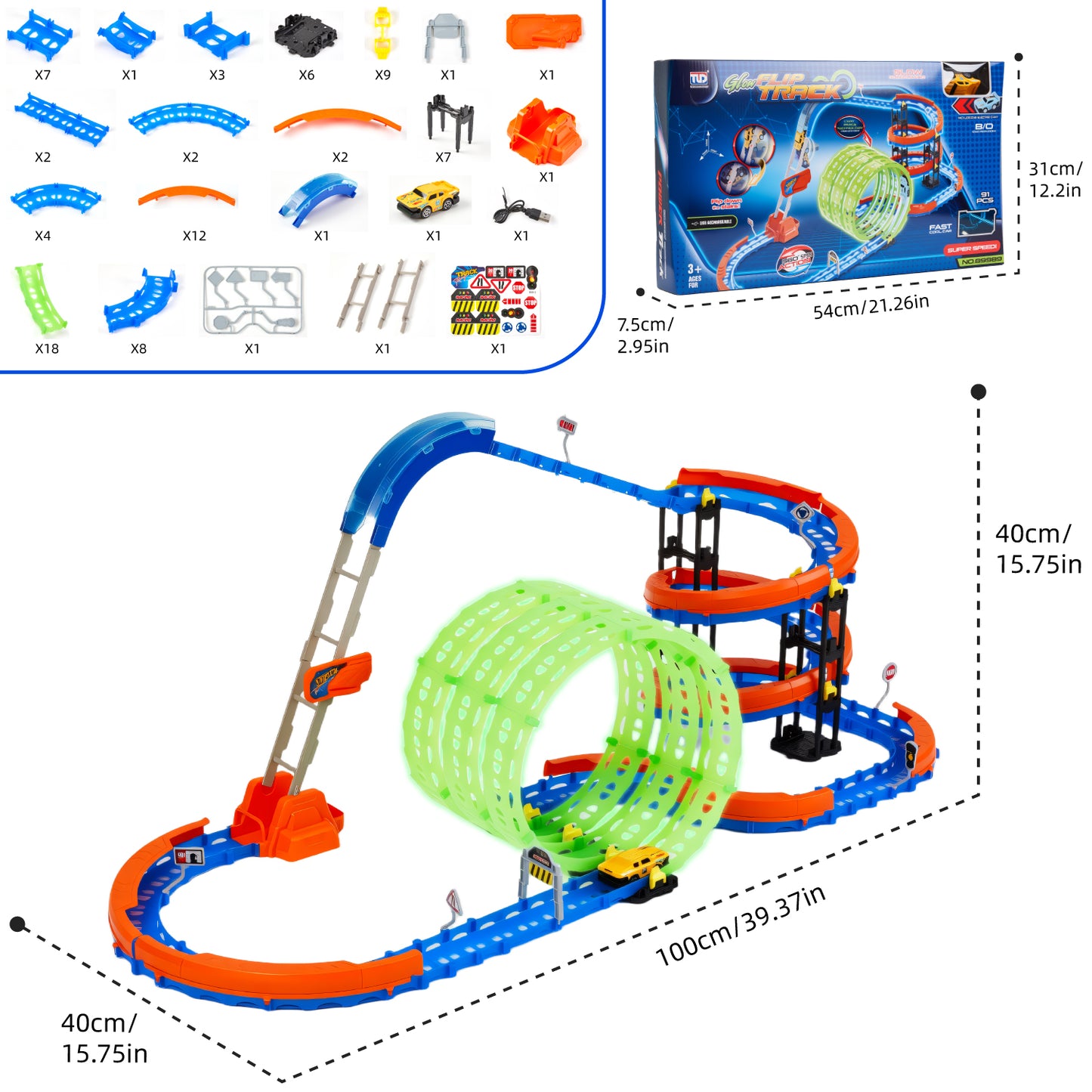 Petbank Glow Race Track, Flexible Race Car Tracks, Glow Flip Track Set with LED Car, Toy Car Track Set for Boys and Girls 3+