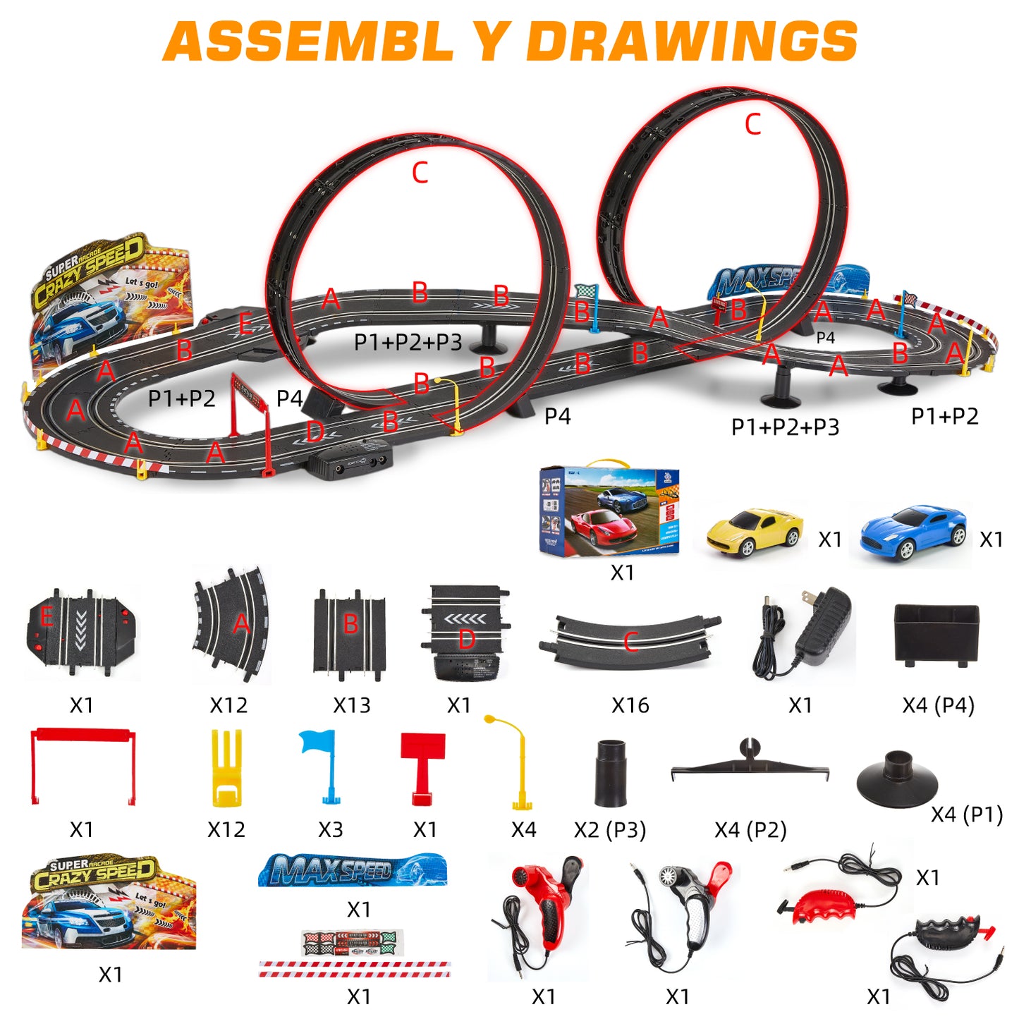 Petbank Slot Car Race Track Sets, 20.3ft Dual Racing Track Cars Toy, Electric/Hand Shake Slot Car Track Set, Kids Track Toy Gift for Girls Boys Age 4-12