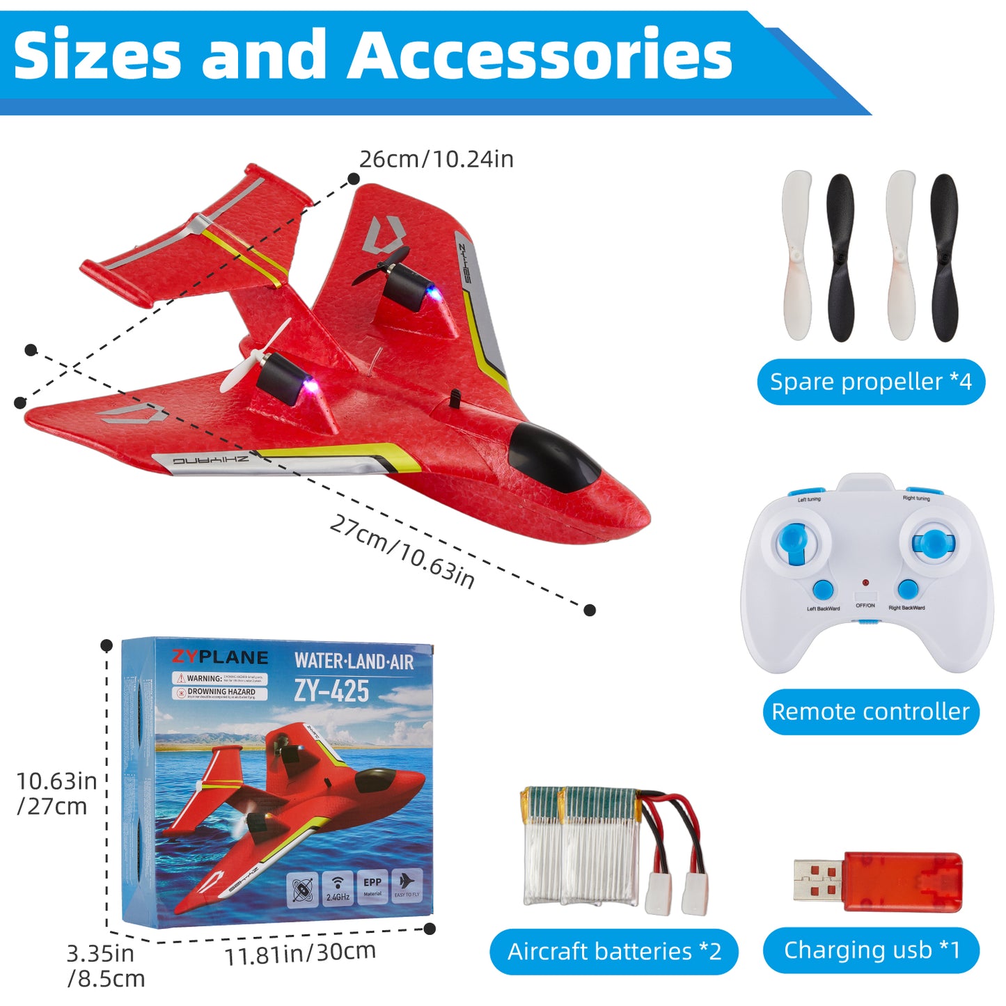 Gleamkid RC Plane for Water Land & Air, Remote Control Airplane with Lights, Amphibious Tri-Phibian Aircraft, RC Glider Aircraft Outdoor Flying Toys Gift for Kids Adults, 2 Batteries