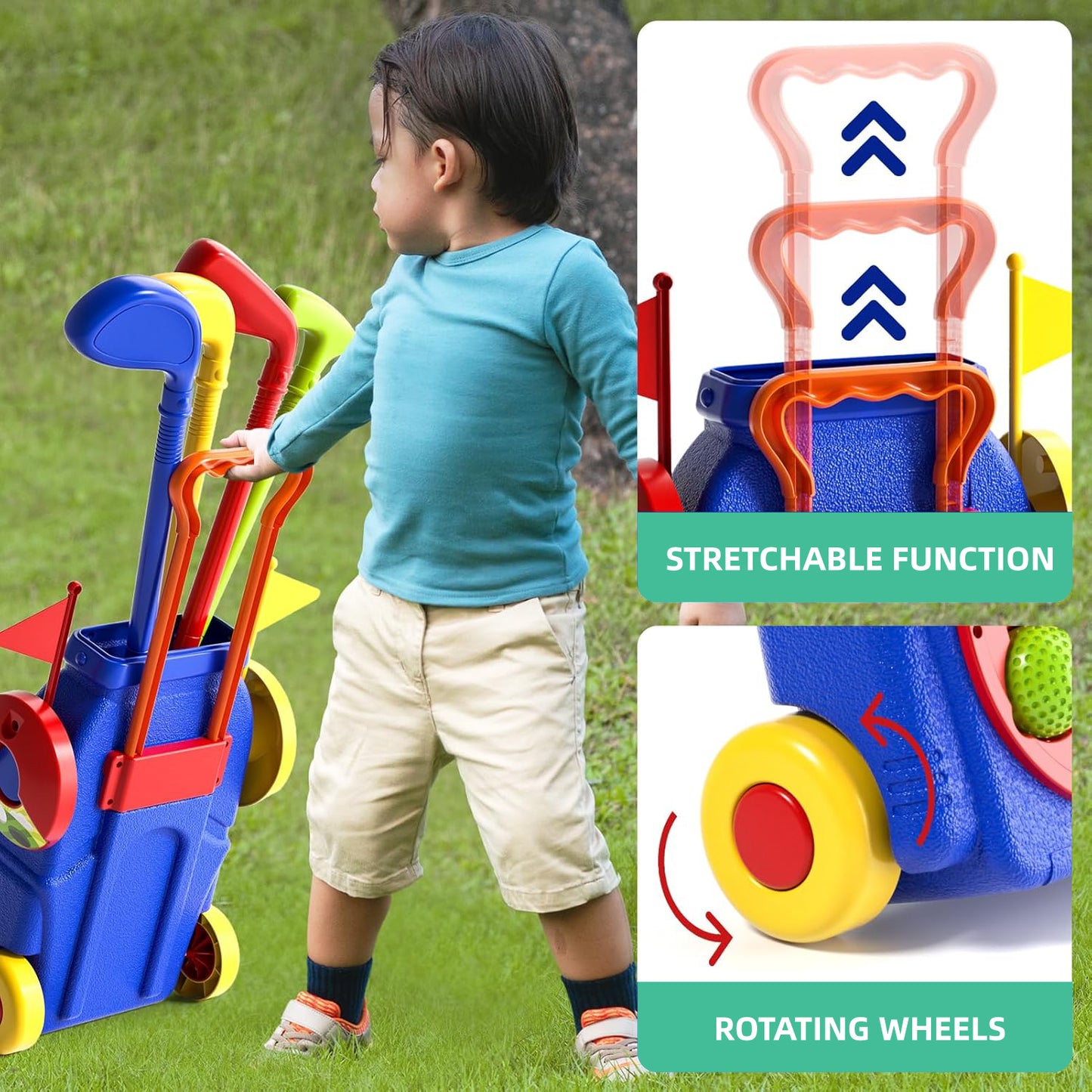 Anpro 2 in 1 Golf Toy Set for Kids, Toddler Golf Clubs Set with 10 Balls, Cornhole Board & Putting Mat, Golf Game Indoor Outdoor Sport Toys for Boys Girls 3+