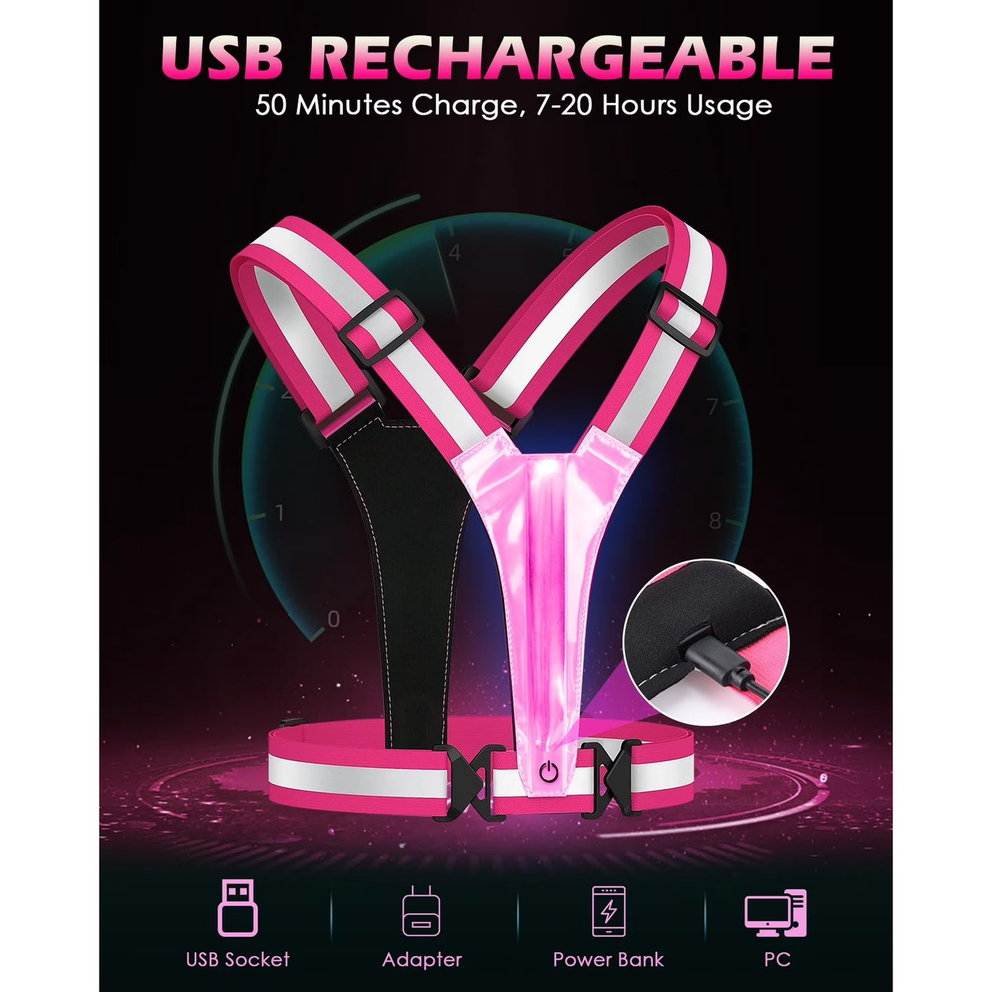 Zacro LED Reflective Vest Running Gear, 5 Colors Light Up Running Vest for Walking Running Cycling, Rechargeable & Adjustable High Visibility Reflective Running Gear for Women Men Kids, Pink