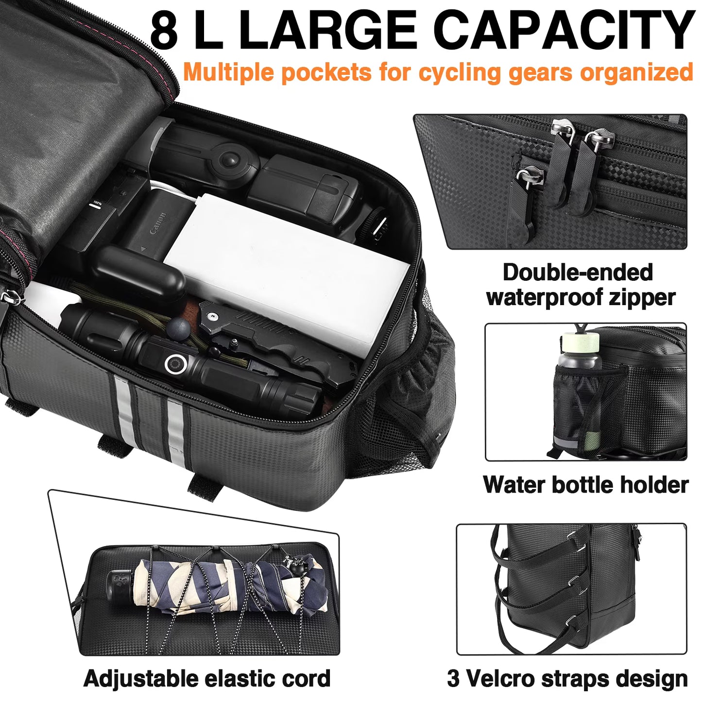Zacro Bike Bag for Rear Rack, 8L Waterproof Bicycle Rear Seat Bag Cycling Cargo Luggage Bag with Rain Cover, Black