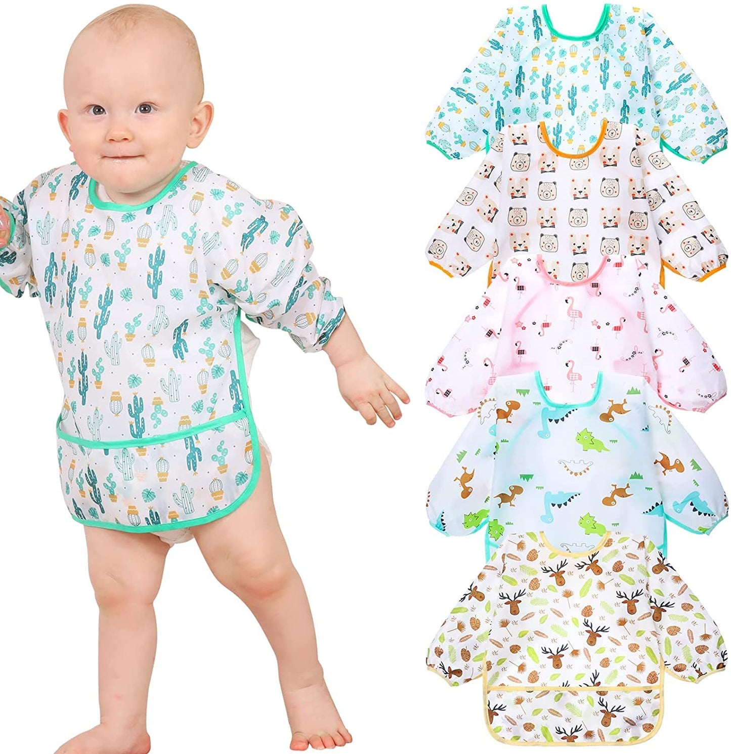 Lictin Long Sleeve Bibs,5 Pcs Waterproof Smock Baby Bibs for Toddler Boys Girls, 0-24 Months Neutral Baby Smock for Eating, Easy to Clean