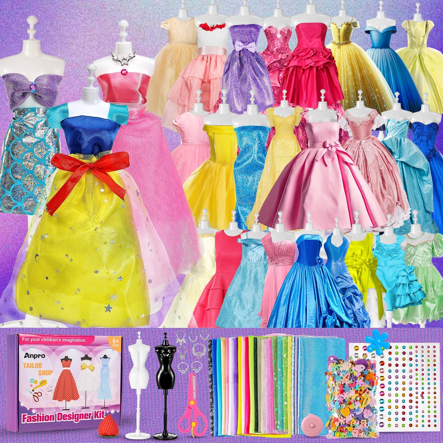 650 Pcs Fashion Designer Kit for Girls, DIY Arts & Crafts Creative Sewing Kit with 2 Mannequins, Doll Clothes Making Set Toys Gifts for Ages 6-12