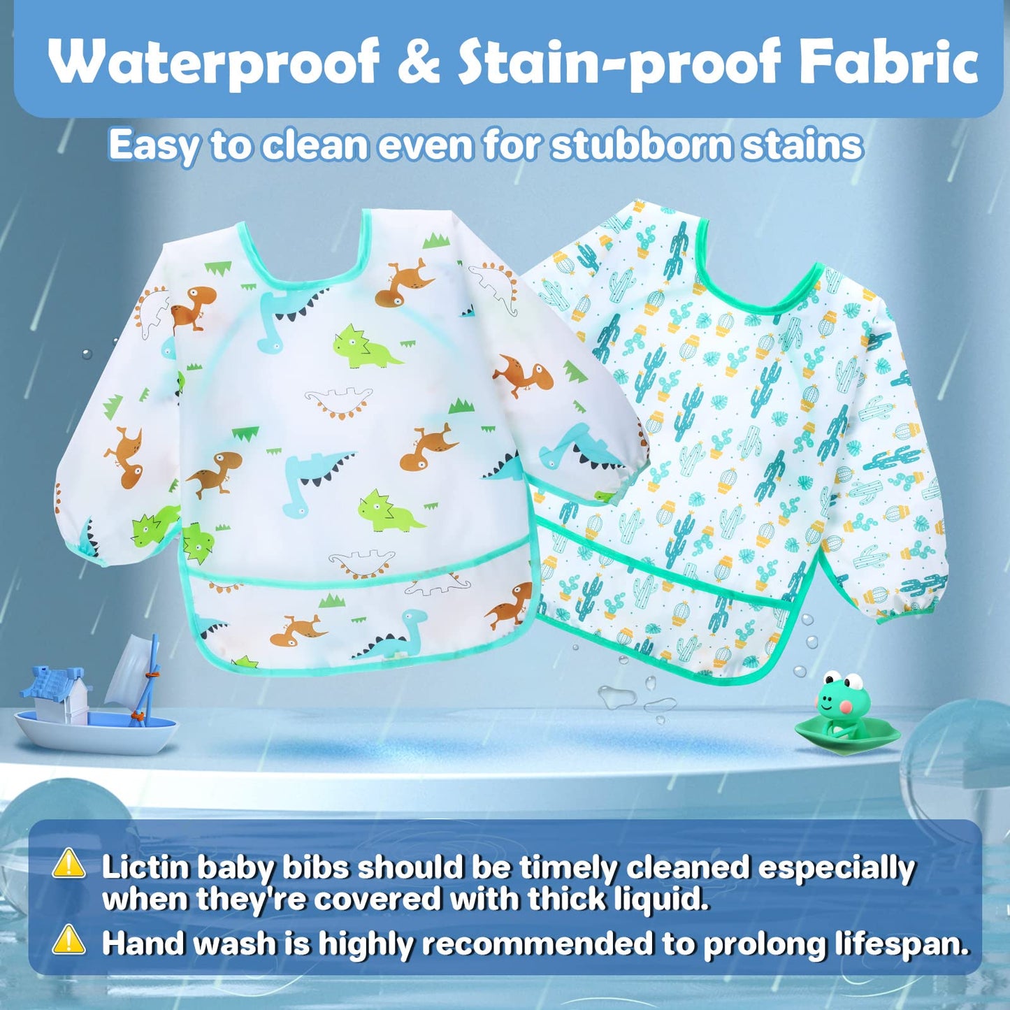 Lictin Long Sleeve Bibs,5 Pcs Waterproof Smock Baby Bibs for Toddler Boys Girls, 0-24 Months Neutral Baby Smock for Eating, Easy to Clean