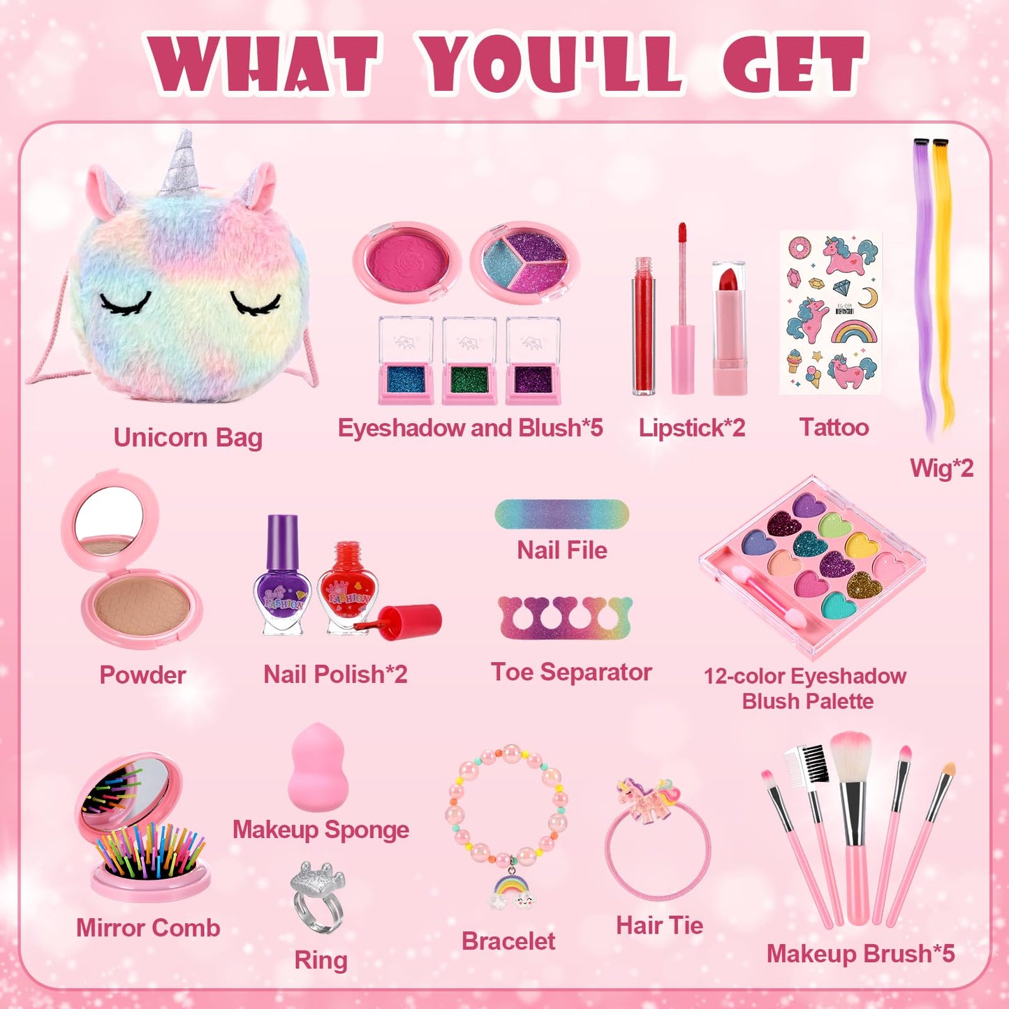 Kids Makeup Kit for Girl Toys, Washable Real Makeup Set with Unicorn Bag Girls Princess Play Make Up Toys Gift for 3 4 5 6 7 8 9 10 Years Old Girl