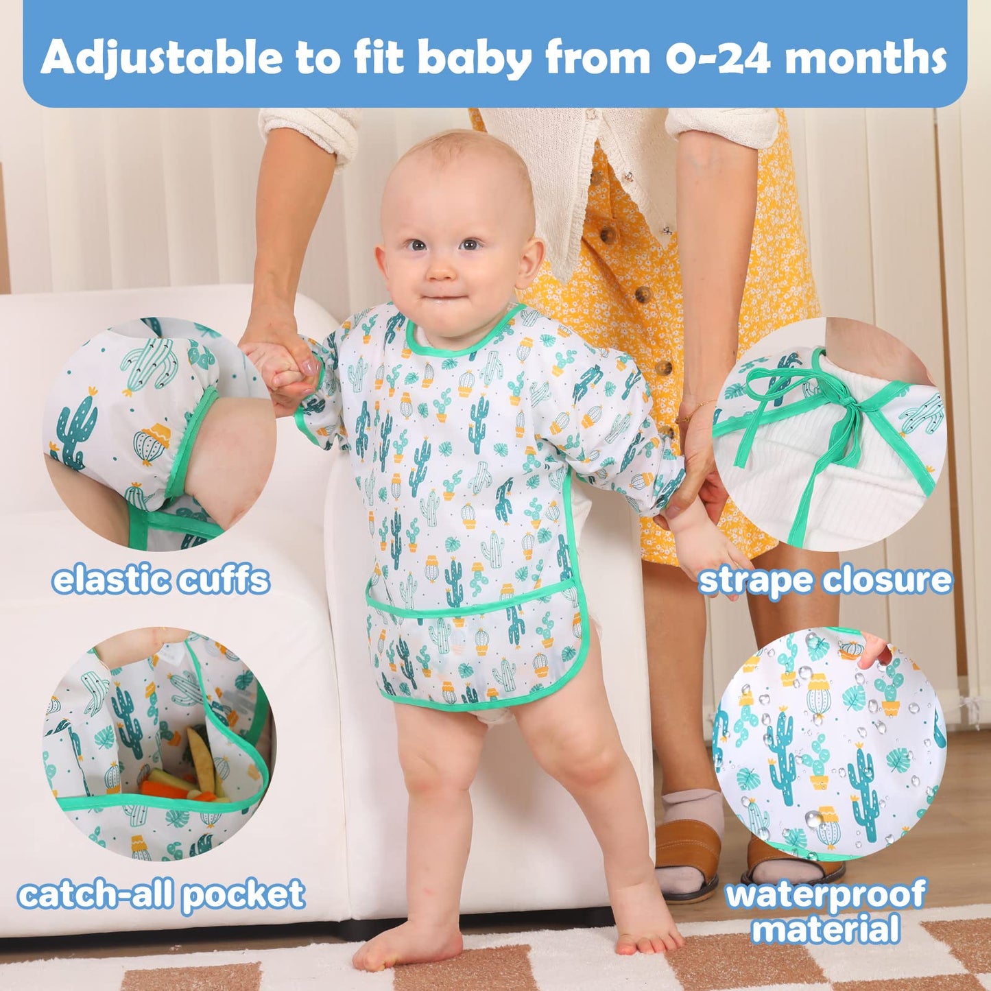 Lictin Long Sleeve Bibs,5 Pcs Waterproof Smock Baby Bibs for Toddler Boys Girls, 0-24 Months Neutral Baby Smock for Eating, Easy to Clean