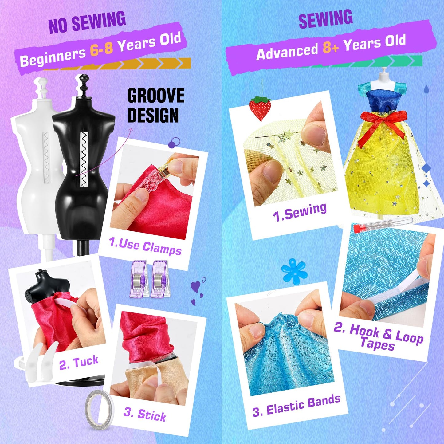 650 Pcs Fashion Designer Kit for Girls, DIY Arts & Crafts Creative Sewing Kit with 2 Mannequins, Doll Clothes Making Set Toys Gifts for Ages 6-12