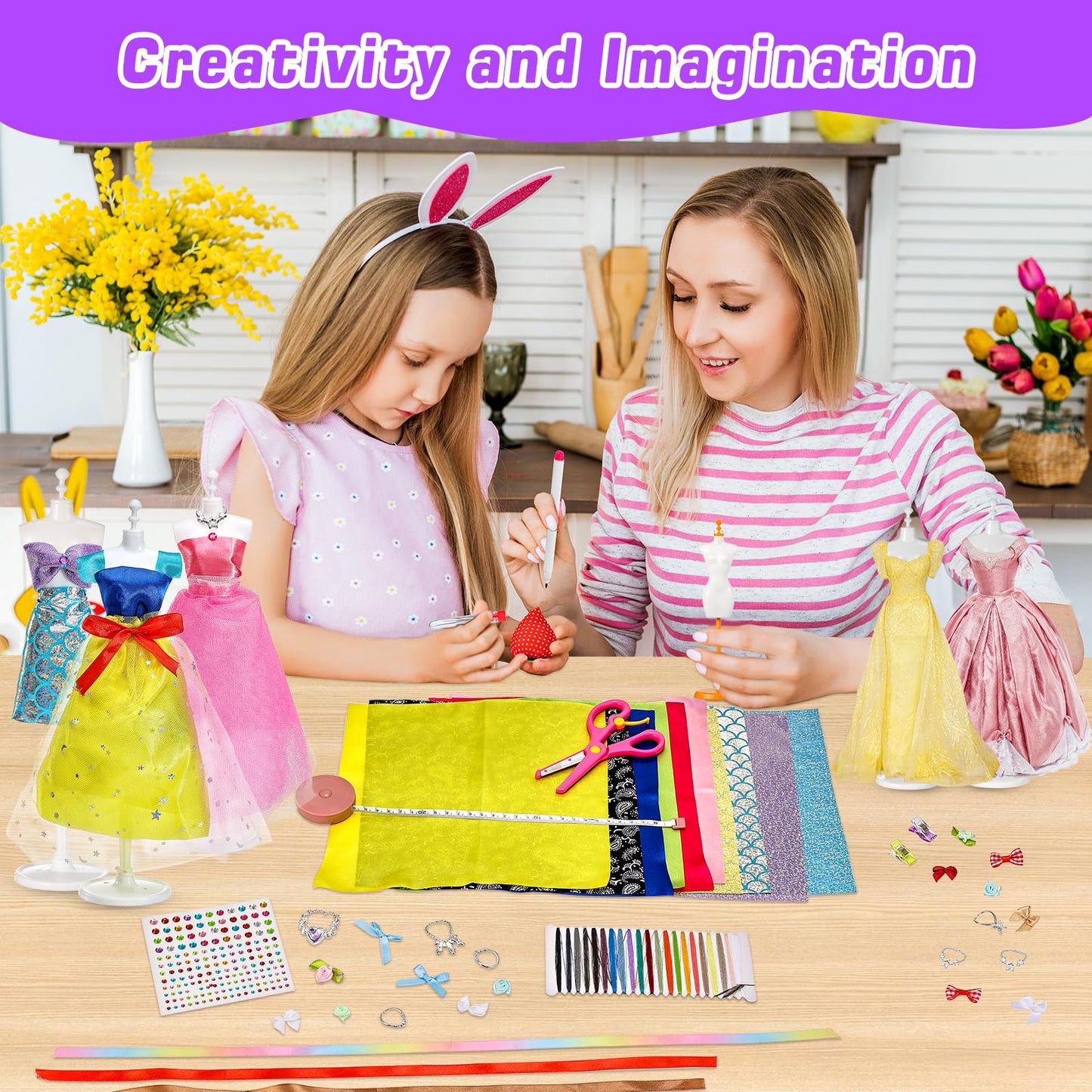650 Pcs Fashion Designer Kit for Girls, DIY Arts & Crafts Creative Sewing Kit with 2 Mannequins, Doll Clothes Making Set Toys Gifts for Ages 6-12