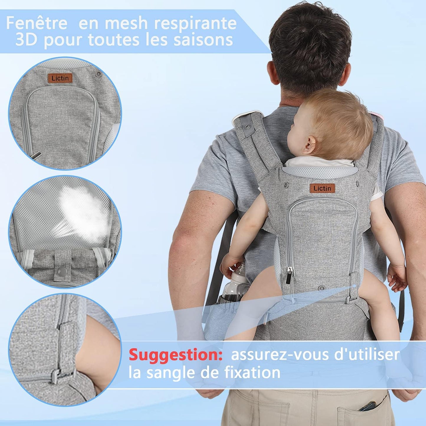Lictin 6-in-1 Ergonomic Baby Carrier, Baby Sling Carrier with Removable Seat and Hood, with 2 Towels and 1 Pacifier Chain, for Newborns and Toddler from 3.5 to 20 kg