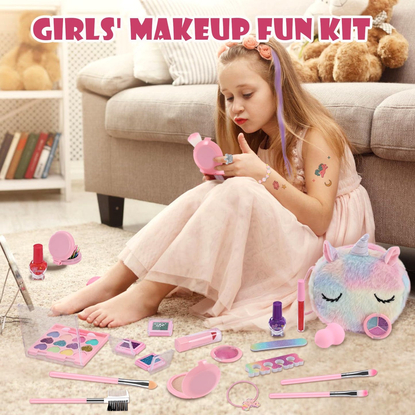Kids Makeup Kit for Girl Toys, Washable Real Makeup Set with Unicorn Bag Girls Princess Play Make Up Toys Gift for 3 4 5 6 7 8 9 10 Years Old Girl
