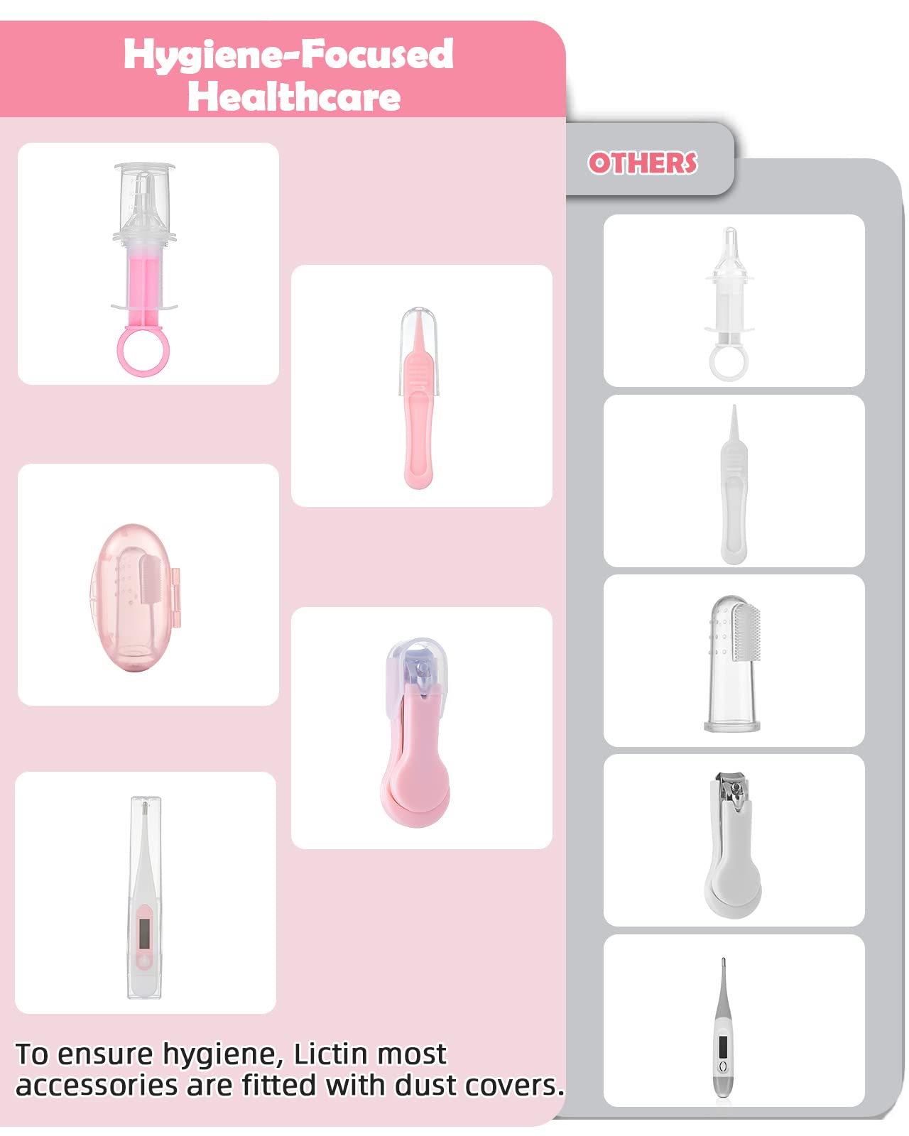 Lictin Baby Grooming Kit, 13 in 1 Portable Newborn Nursery Safety Health Care Set with Thermometer, Brush, Nail Clippers, Baby Care Kit for Baby Girls, Pink