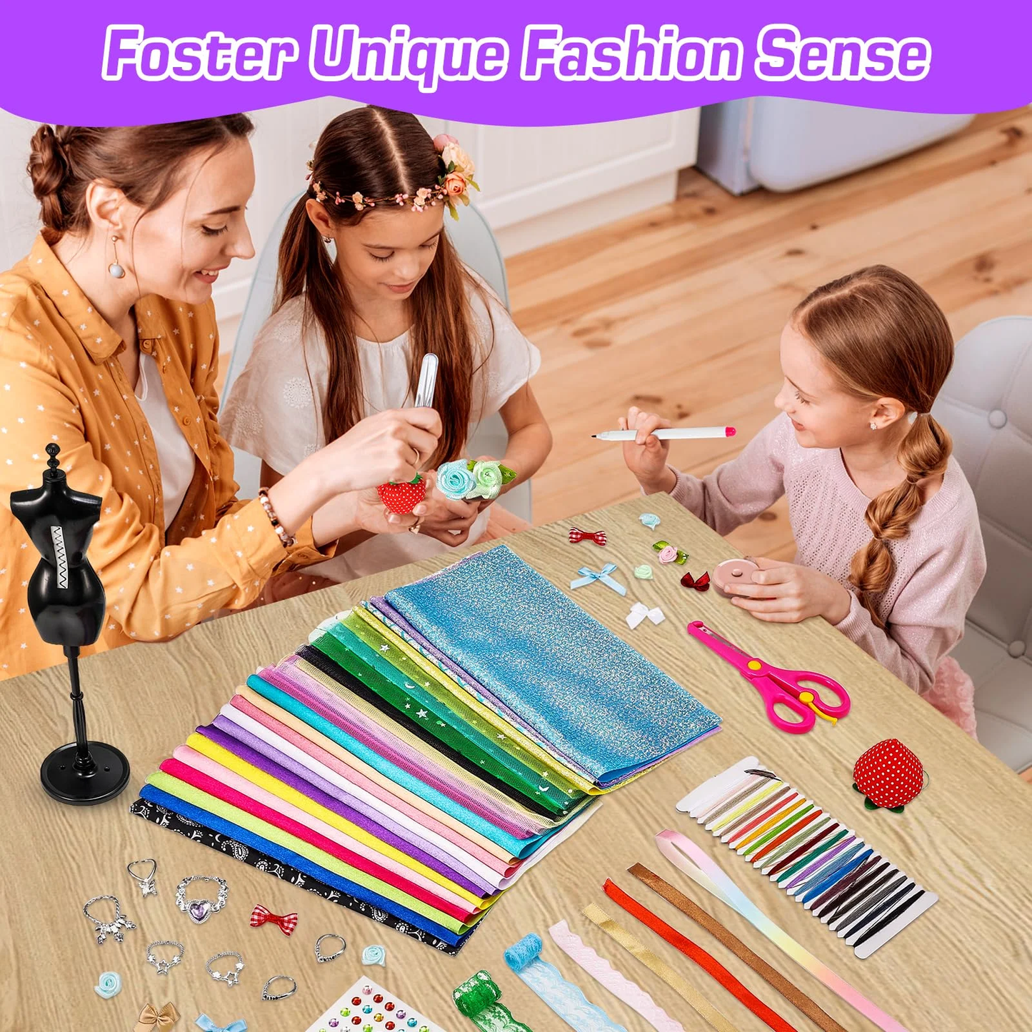 650+Pcs Fashion Designer Kit for Girls, Creativity DIY Arts & Crafts Kit with 2 Mannequins, Sewing Kit Toys Gift for Girls Ages 6-12