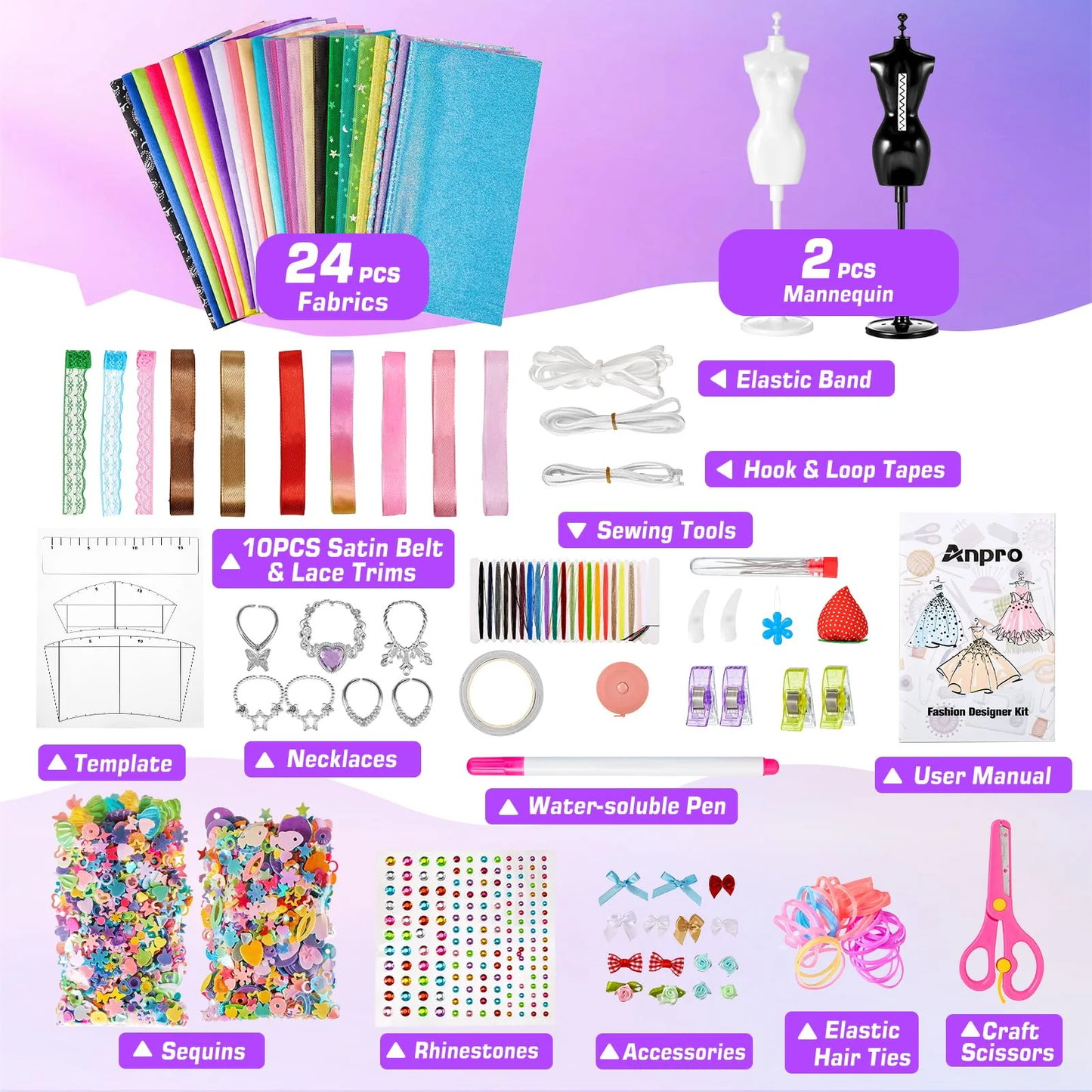 650+Pcs Fashion Designer Kit for Girls, Creativity DIY Arts & Crafts Kit with 2 Mannequins, Sewing Kit Toys Gift for Girls Ages 6-12