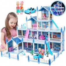 4 Story 12 Rooms DollHouse for Girls, Zacro Huge Dreamhouse Playset with Colorful Light, 2 Dolls, Furniture and Accessories, Toddler Kids Doll House for 3 4 5 6 7 8 Year Old, Blue
