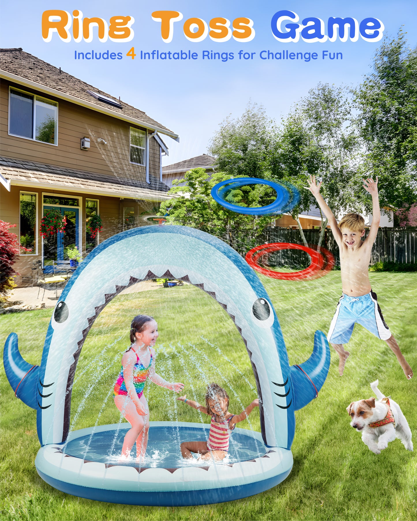 Water Sprinkler for Kids, 4-In-1 Shark Inflatable Water Toys for Toddler, Summer Outdoor Game with 4 Rings Toss, Backyard Water Sprinkler Spray Toy Fun Gift for Boys Girls