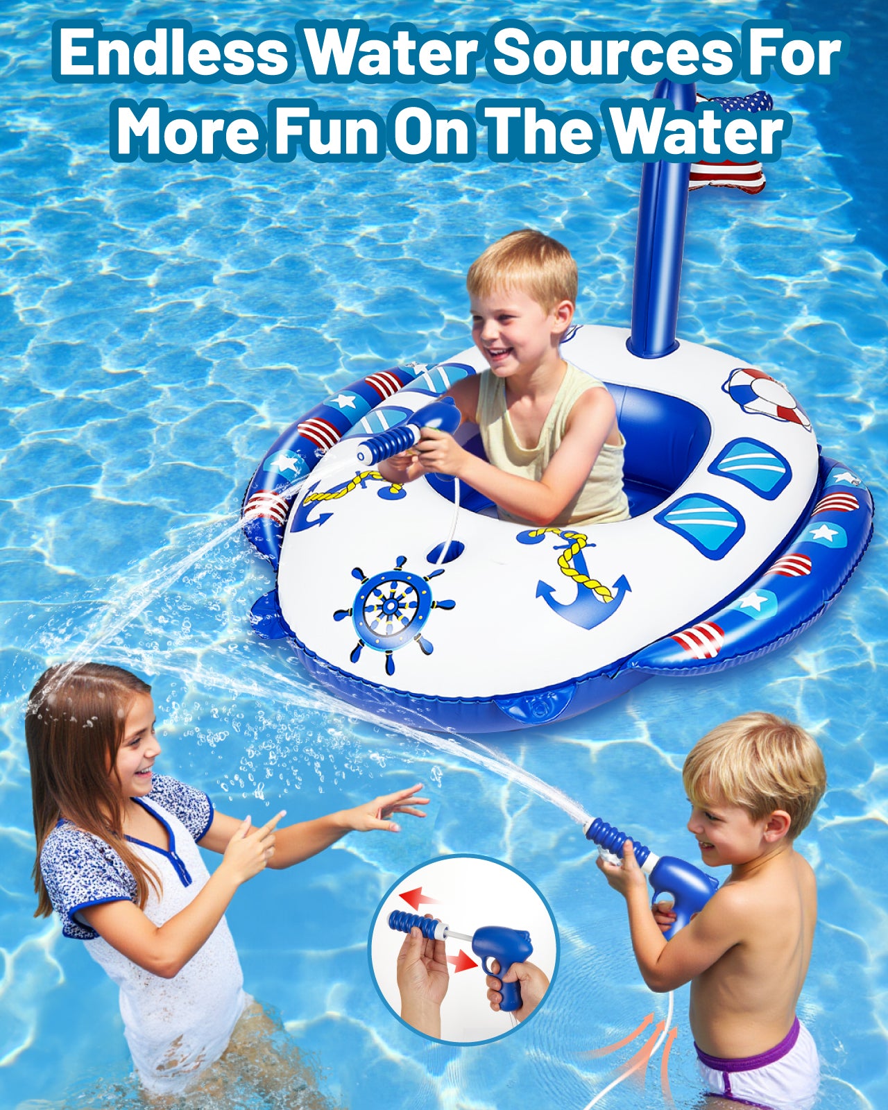 Inflatable Pool Floats for Toddlers with Built-in Water Squirt Gun, Pirate Boat Pool Float Swim Seat Toys for Kids, Summer Outdoor Water Toy for Boys Girls Aged 3-8 Years, Blue