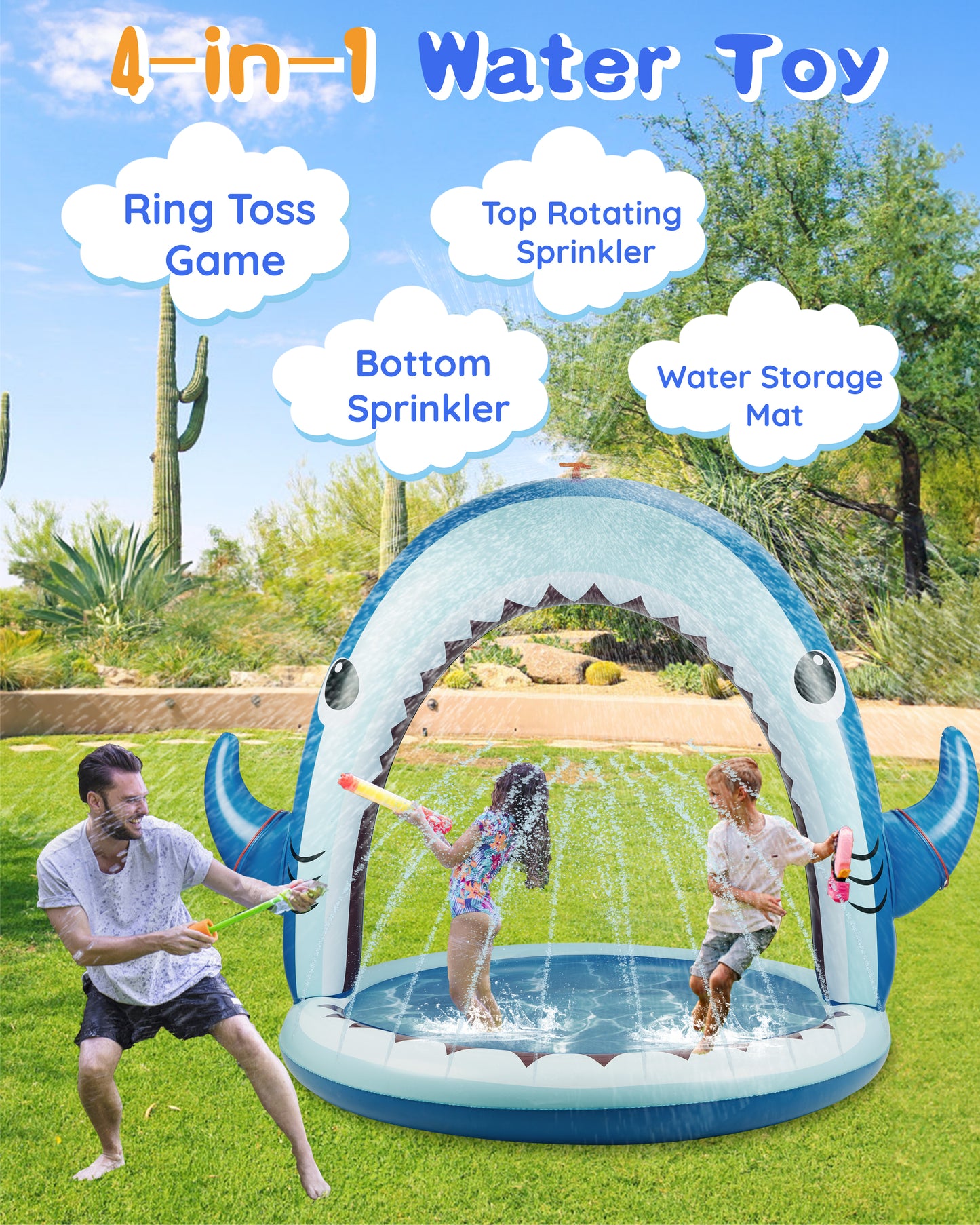 Water Sprinkler for Kids, 4-In-1 Shark Inflatable Water Toys for Toddler, Summer Outdoor Game with 4 Rings Toss, Backyard Water Sprinkler Spray Toy Fun Gift for Boys Girls