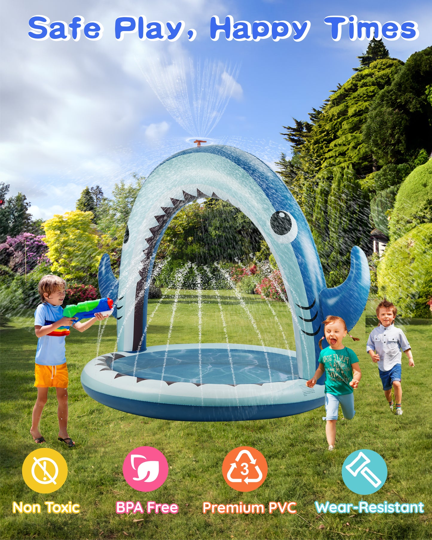 Water Sprinkler for Kids, 4-In-1 Shark Inflatable Water Toys for Toddler, Summer Outdoor Game with 4 Rings Toss, Backyard Water Sprinkler Spray Toy Fun Gift for Boys Girls