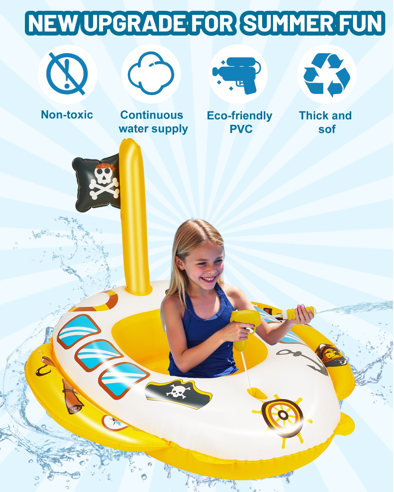Inflatable Pool Floats for Toddlers with Built-in Water Squirt Gun, Pirate Boat Pool Float Swim Seat Toys for Kids, Summer Outdoor Water Toy for Boys Girls Aged 3-8 Years, Yellow