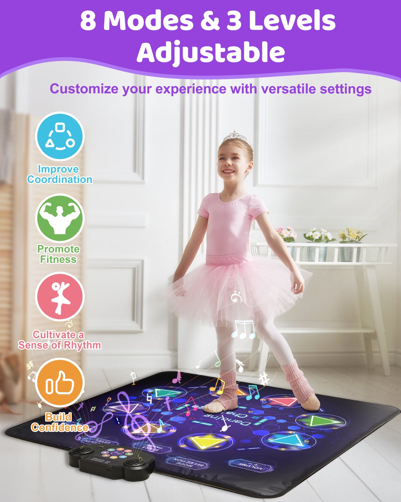 Dance Mat for Kids, Light-Up Dance Pad with Wireless Bluetooth, 8 Modes & 3 Levels Music Dance Game Mat, Christmas Birthday Toy Gift for Girls Boys Ages 3-12 Years