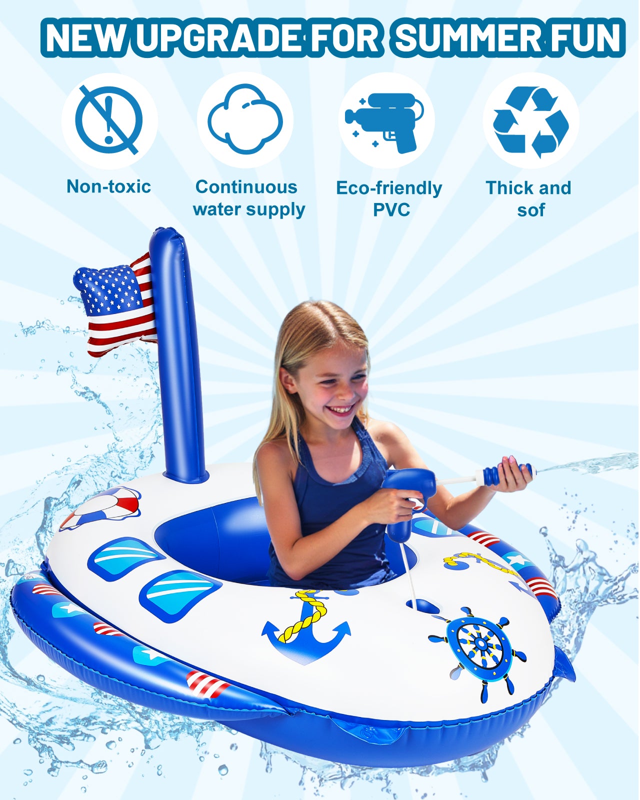 Inflatable Pool Floats for Toddlers with Built-in Water Squirt Gun, Pirate Boat Pool Float Swim Seat Toys for Kids, Summer Outdoor Water Toy for Boys Girls Aged 3-8 Years, Blue