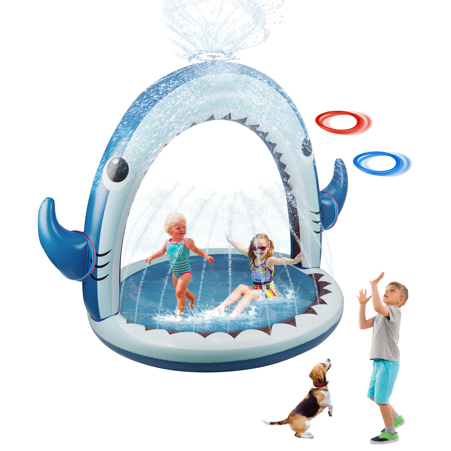 Water Sprinkler for Kids, 4-In-1 Shark Inflatable Water Toys for Toddler, Summer Outdoor Game with 4 Rings Toss, Backyard Water Sprinkler Spray Toy Fun Gift for Boys Girls
