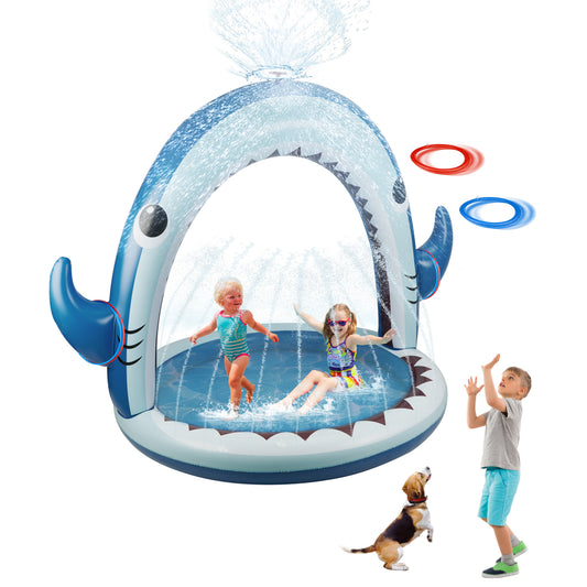 Water Sprinkler for Kids, 4-In-1 Shark Inflatable Water Toys for Toddler, Summer Outdoor Game with 4 Rings Toss, Backyard Water Sprinkler Spray Toy Fun Gift for Boys Girls